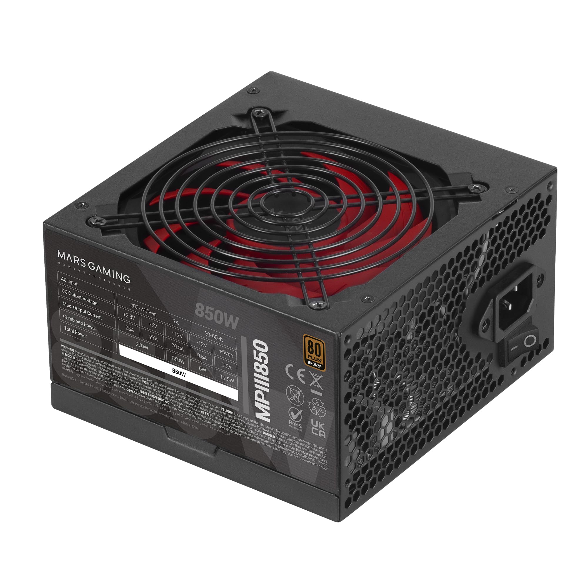 Mars Gaming MPIII850 Alimentation ATX 850W, 80 Plus Bronze, Noir | Garantie 5 Ans, Certification 80Plus Bronze, Efficacité 89 %, APFC, Ventilateur FDB 120mm AI-RPM, DC-DC et SMD