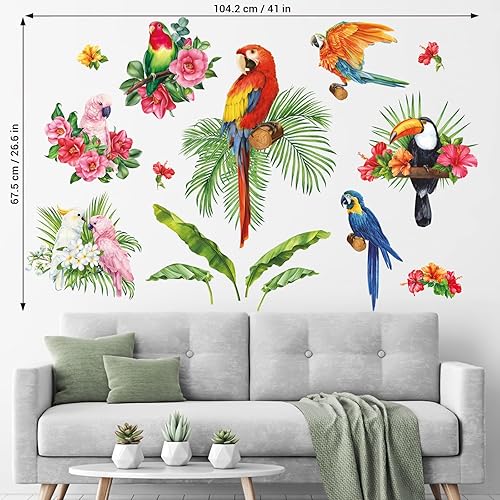 Miniatura 5 de BASHOM SG2-108 Calcomanías de pared de loros con plantas tropicales, hojas verdes, pájaros, calcomanías de acuarela para niños, para guardería,