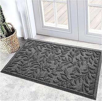 Bulijojo Sturdy Front Entrance Doormats,Durable Heavy Duty Welcome Mat,Thick Absorbent Natural Rubber Non Slip Mat,Easy Clean Entryway Mat 17x30 Inch Leaves Grey