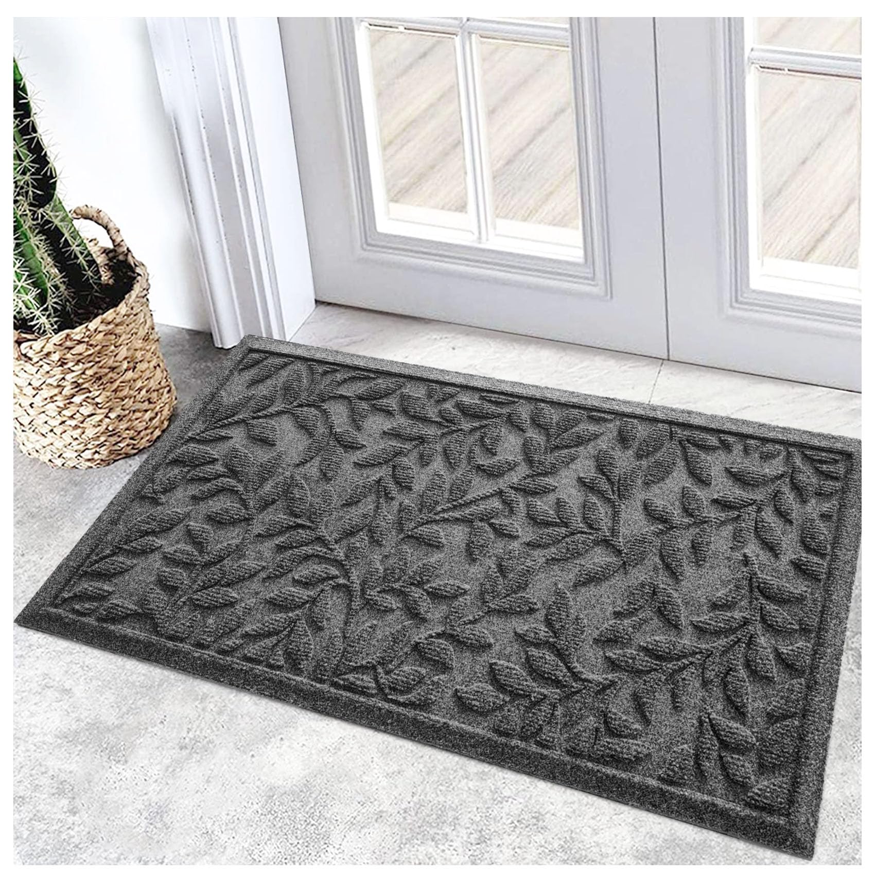 Bulijojo Sturdy Front Entrance Doormats,Durable Heavy Duty Welcome Mat,Thick Absorbent Natural Rubber Non Slip Mat,Easy Clean Entryway Mat 17x30 Inch Leaves Grey