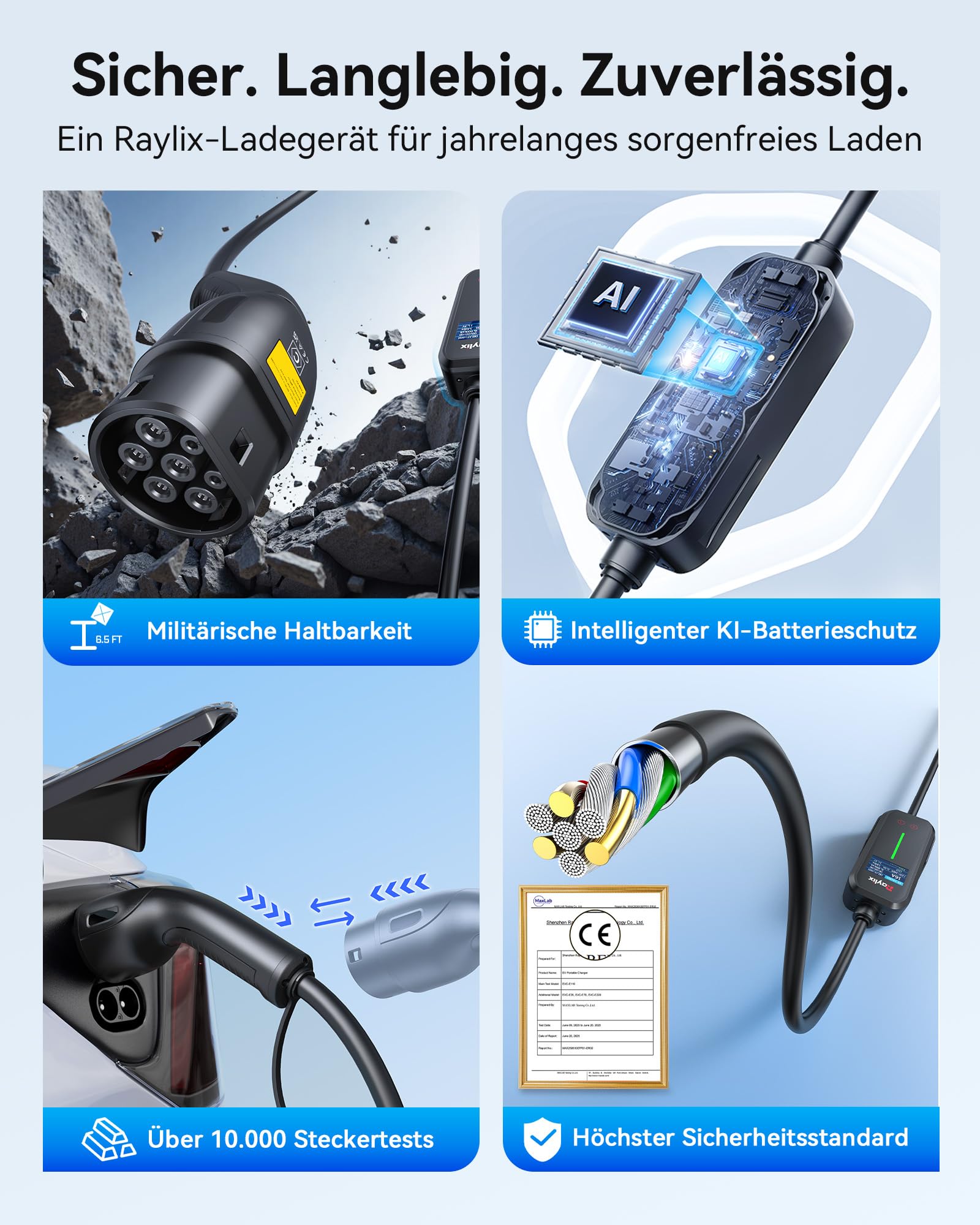 Raylix 2026 Neu 11kW Mobile Wallbox Typ 2 Ladekabel (7m 8A-16A 3-Phasig) mit Stromzähler & Einstellbarem Strom & Verzögertem Laden, Ladekabel CEE 16A auf Typ 2 und Ladestation Ladeziegel EV Charger