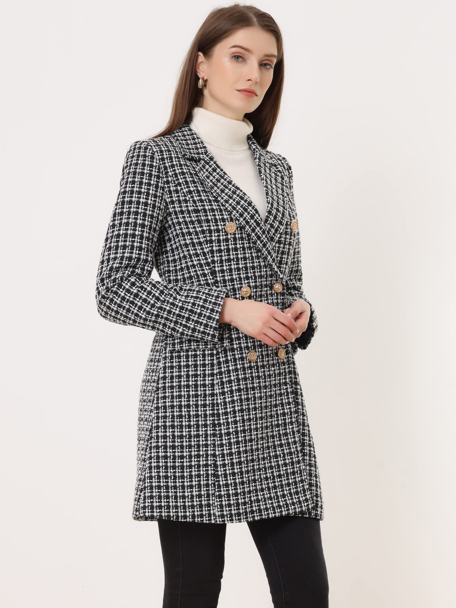 Allegra K Donna Giacca Lunga in Tweed Plaid Doppiopetto