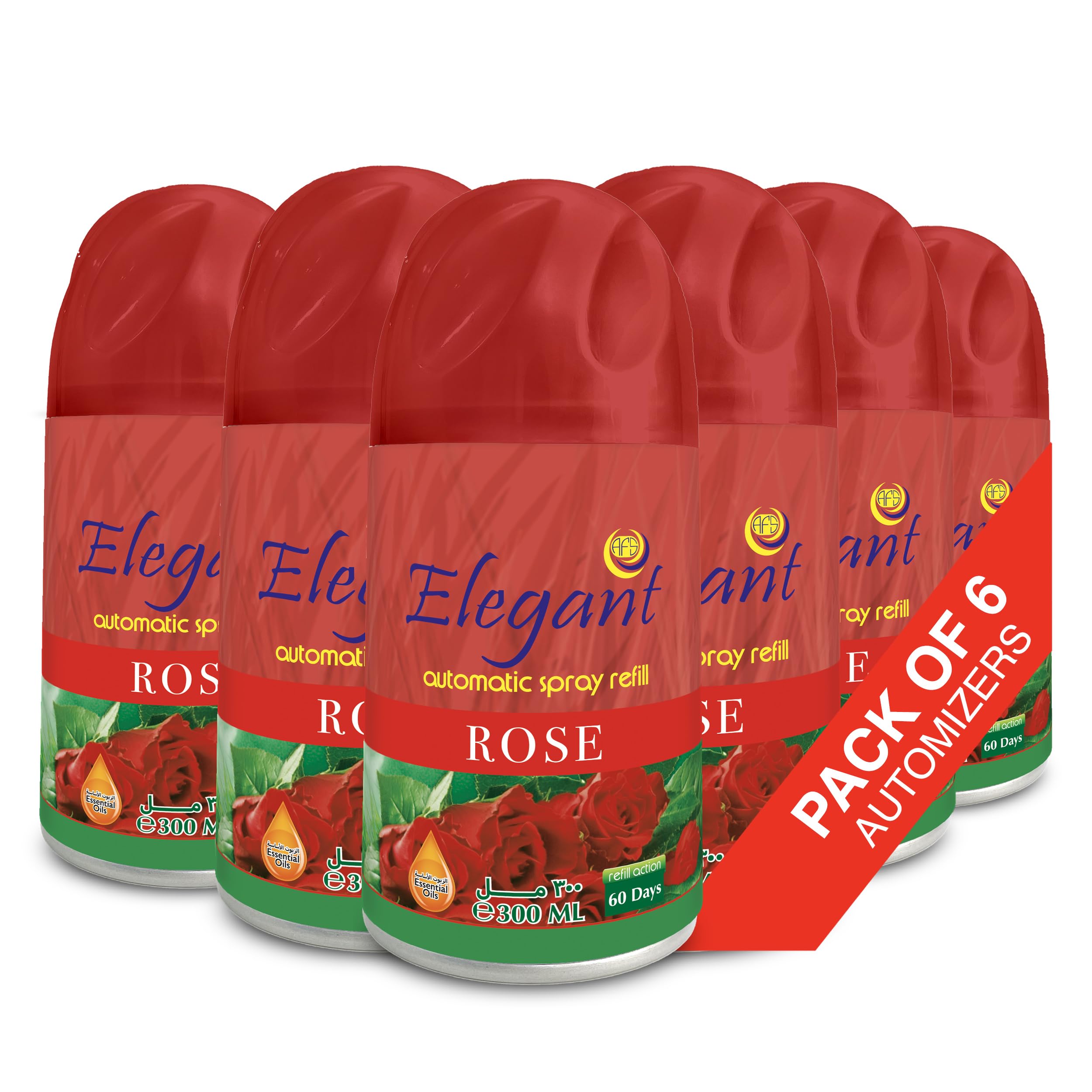 Elegant Automatic Spray REFILL – ROSE – 300ML – Pack of 6, 6-Pack (300ML x 6 Pcs) – Air Freshener REFILL for Home And Bathroom, Made With ESSENTIAL OILS (Pack of 6)