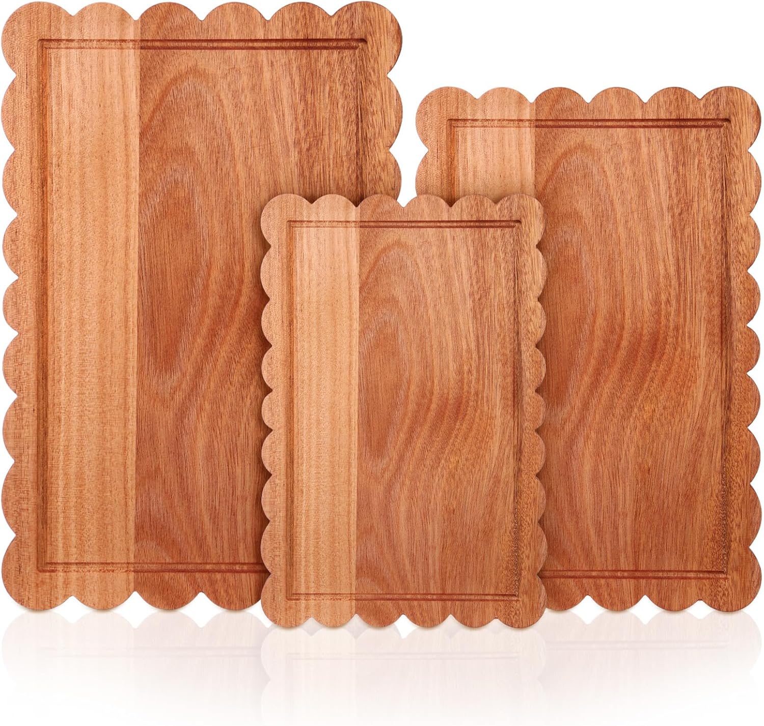 3 Pcs Walnut Wood Scalloped Cutting Boards for Kitchen with Juice Groove Blank Wood Charcuterie Tray for Snack Cheese Appetizers Grazing Platter Engraving Gift Crafts Rustic Wall