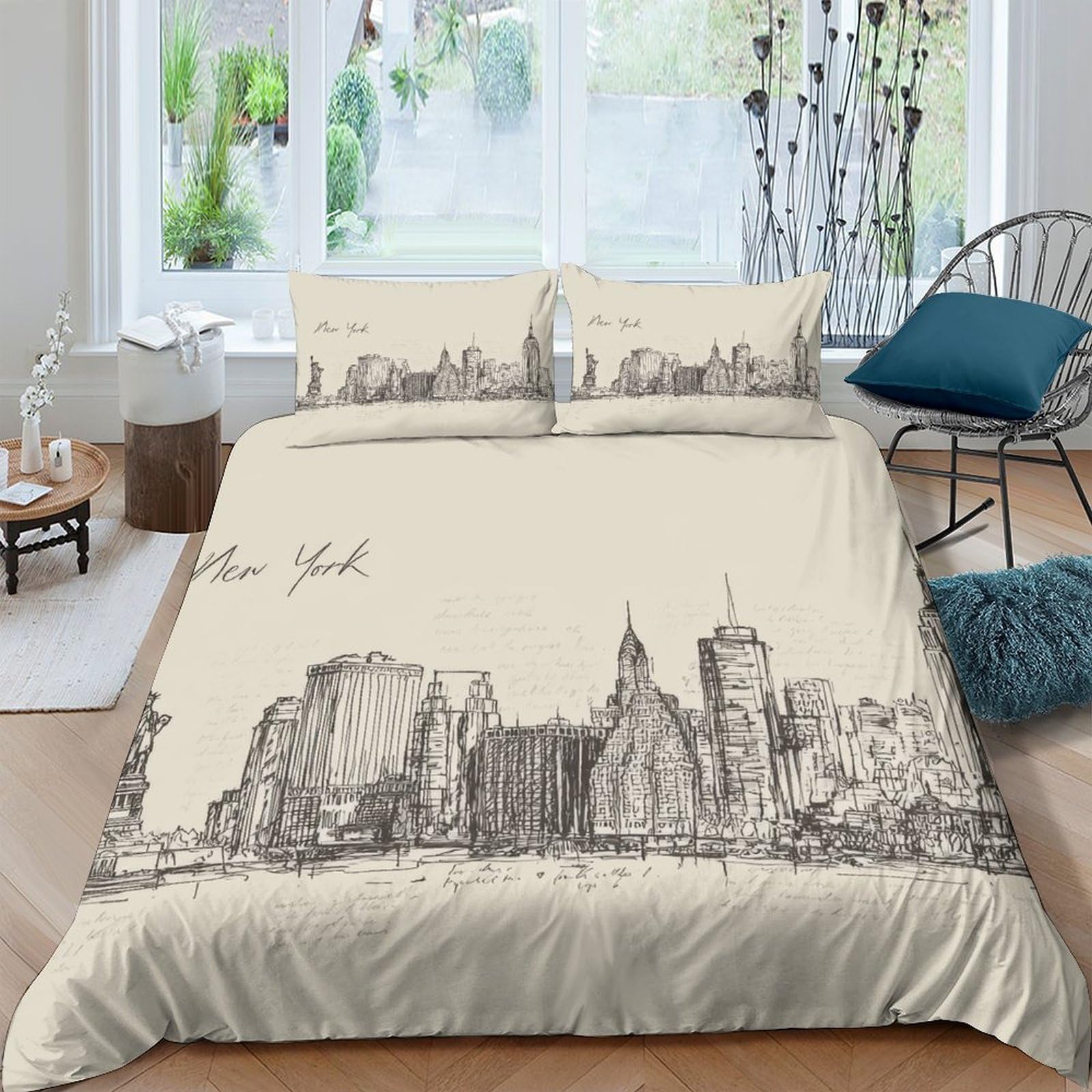 Ctjqhvkz Style-3 3D Printed New York Skyline Fitted Sheet Microfiber Soft Urban Sketch Mattress Cover For Bedroom Guestroom Decor Single（135X200cm）