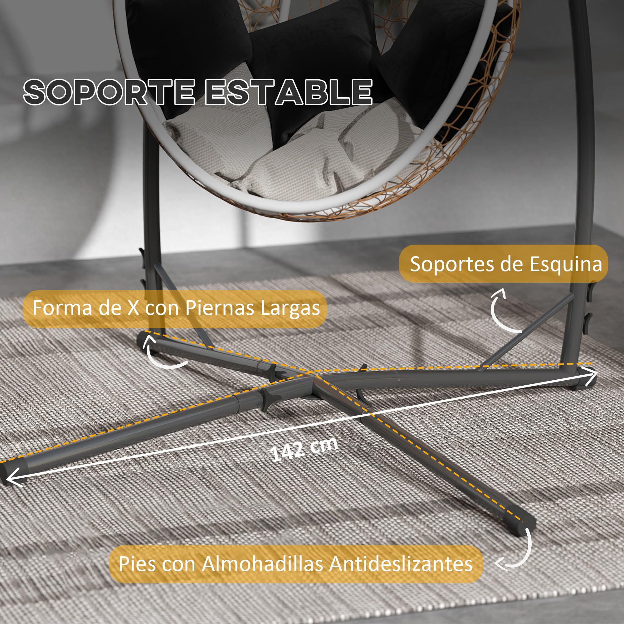 Outsunny Soporte para Silla Colgante de Huevos Altura 215 cm con Estructura de Acero Base Estable y Portavaso Soporte para Silla Columpio para Patio Jardín Balcón Carga 150 kg Negro