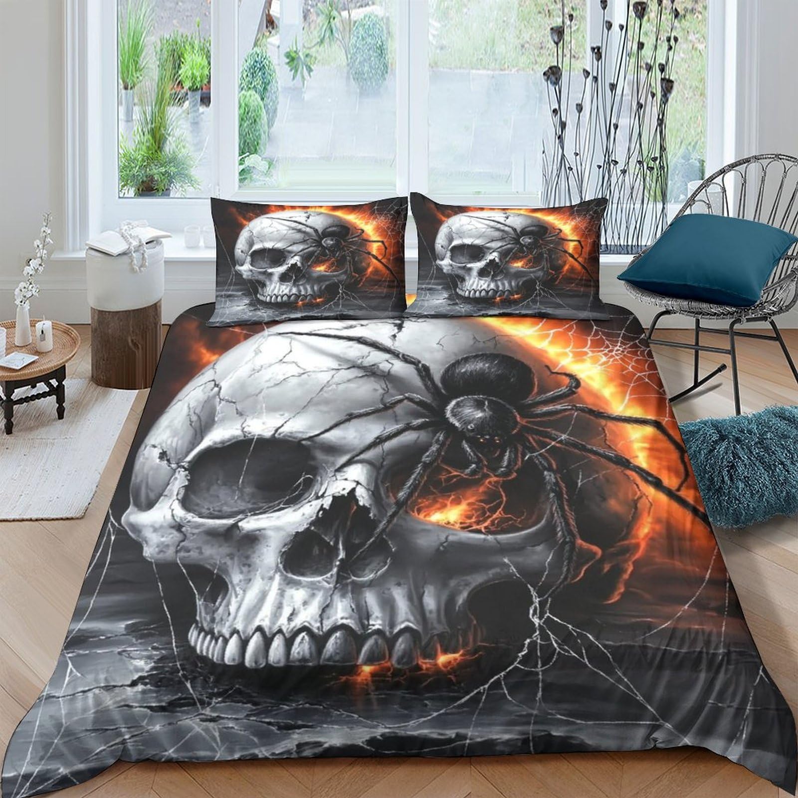 Ctjqhvkz Style-10 3D Printed Skull Spider Fitted Sheet Microfiber Dark Gothic Flame Bed Cover For Bedroom Guest Room Decor Easy Care Single（135X200cm）