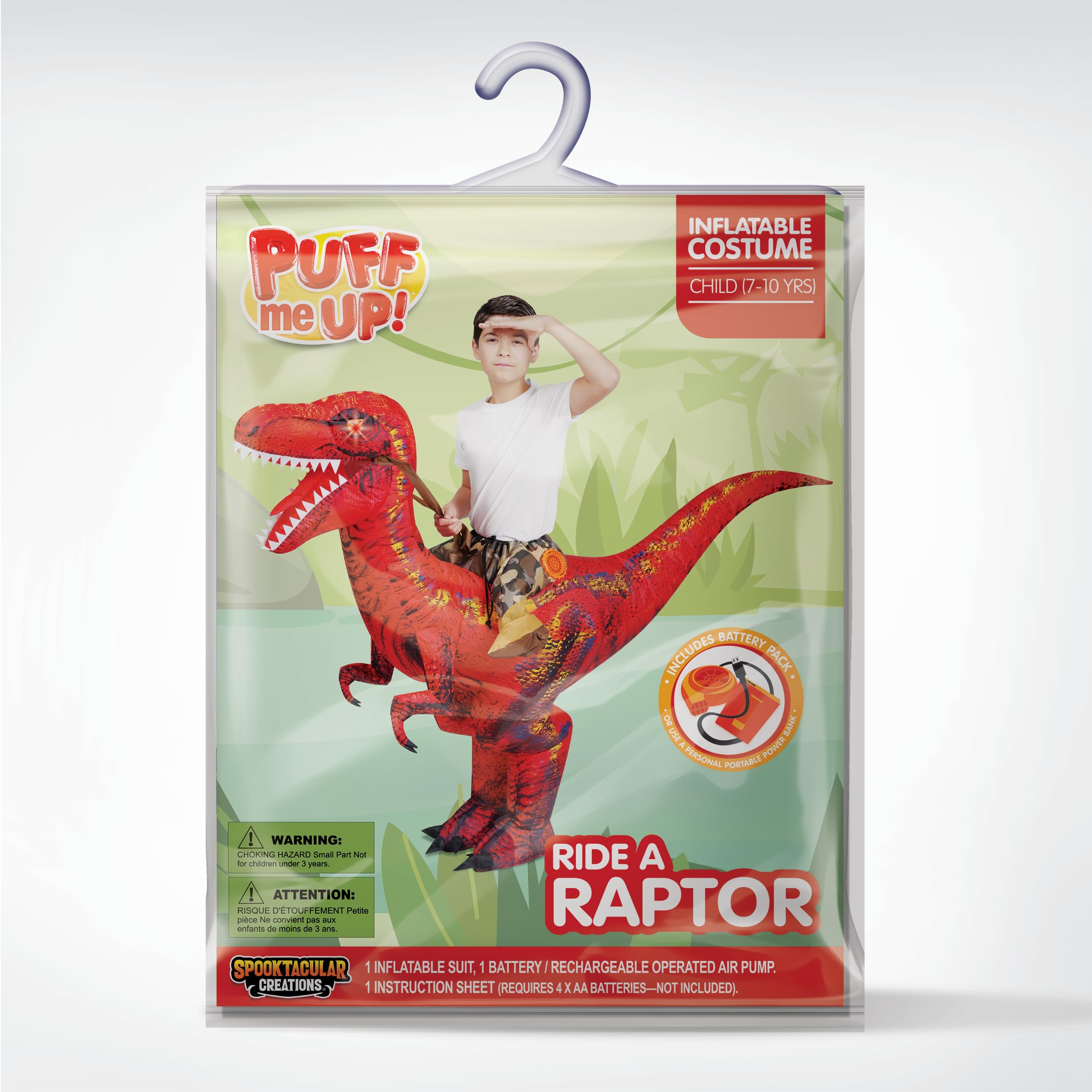 Spooktacular Creations Disfraz de dinosaurio inflable para niños, disfraz de T-Rex con ojos iluminados LED, montar un raptor, disfraces de Halloween inflables con aire impreso digitalmente
