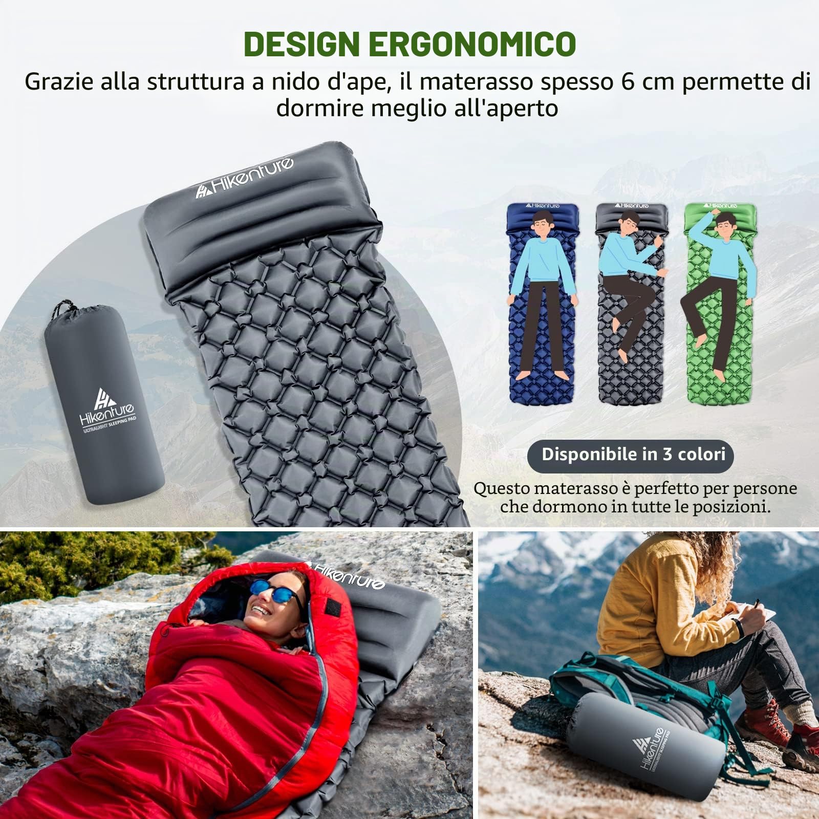HIKENTURE Materassino da campeggio, dimensioni ridotte, ultraleggero, per esterni, materassino gonfiabile, per campeggio, viaggi, attività all'aperto, escursioni, spiaggia (blu, verde, grigio)