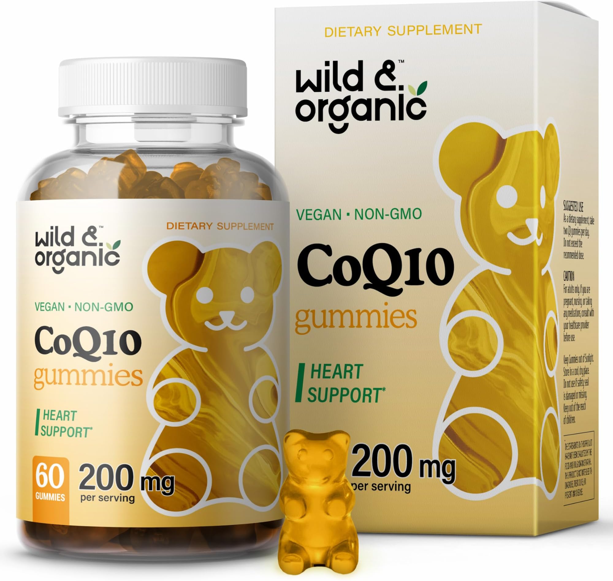 Wild & Organic CoQ10 Gummies 200 mg - Natural Coenzyme Q10 Nutritional Supplement - Antioxidant Support, Helps Promote Brain & Heart Wellness, Boost Energy Levels - 60 Banana-Flavored Chewable Bears