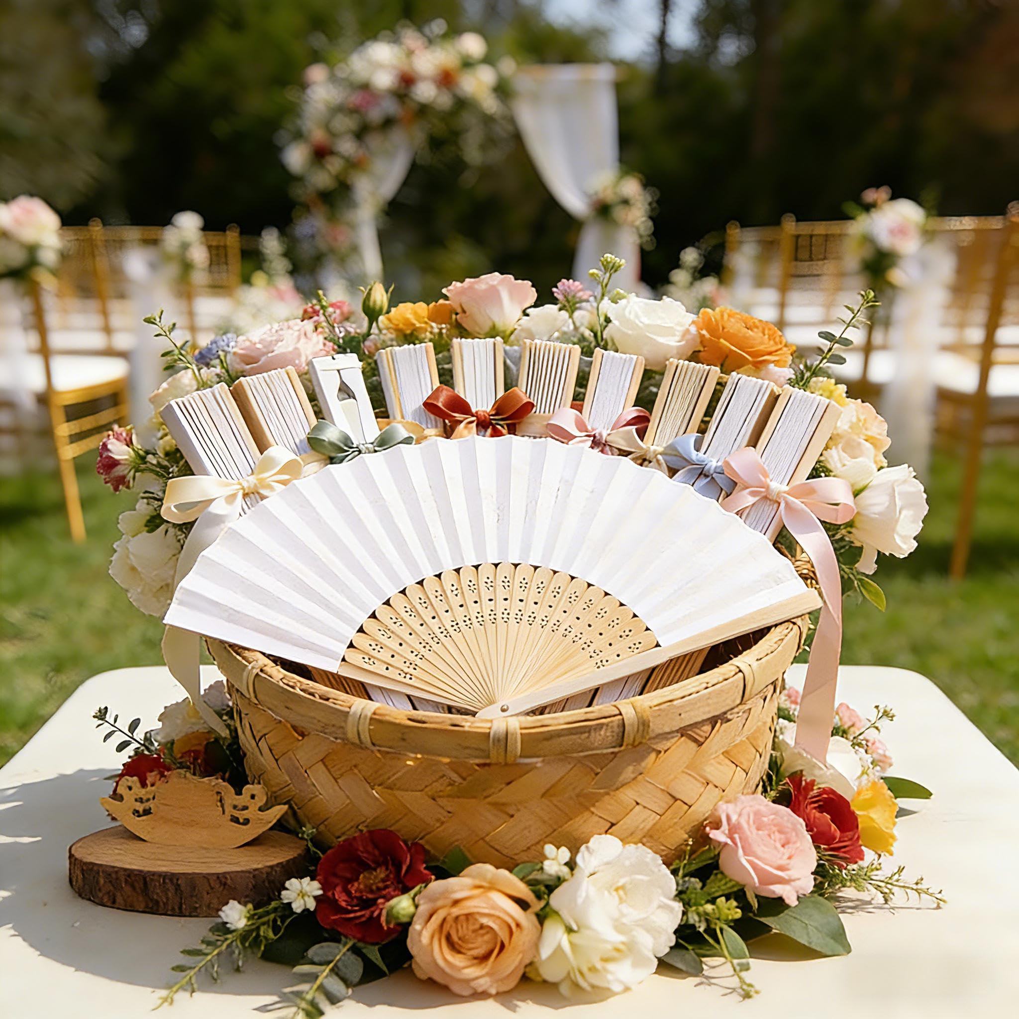 50 Handfächer Hochzeit- Weißer Fächer für Sommer Events & Hochzeitsdeko DIY-Dekoration, Fächer Hochzeit Gäste, Fächerstiel aus hochwertigem Bambus