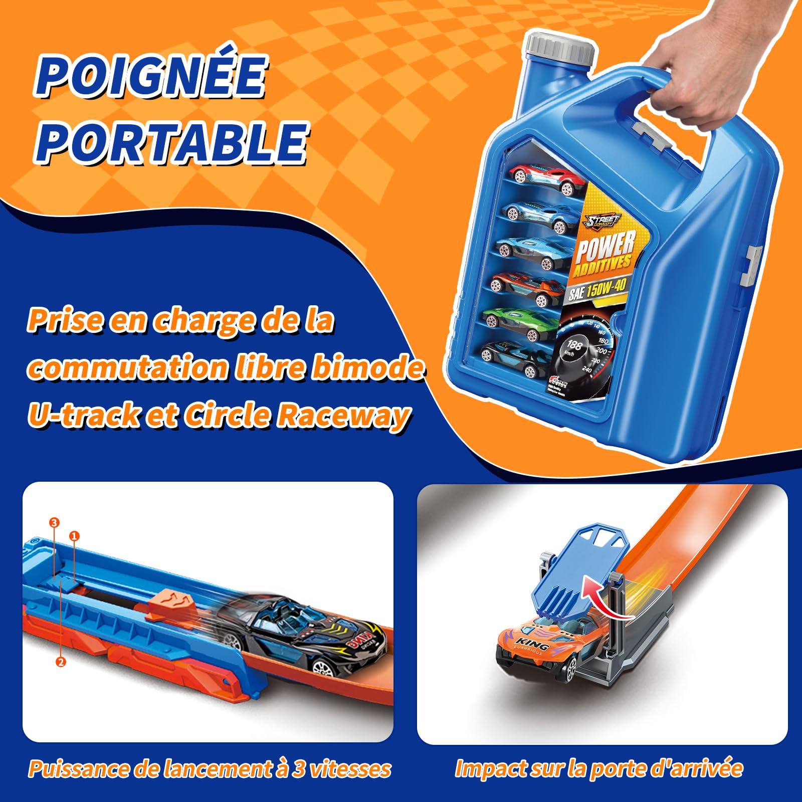 Charmofun Piste de Course 2 en1, Circuit Voiture Enfant avec 6 Voitures, Bboîte Rangement, Piste de Voiture avec Looping et U Track, Portable Jouet Circuit Voiture pour Enfants 3+ Ans (Bleu)