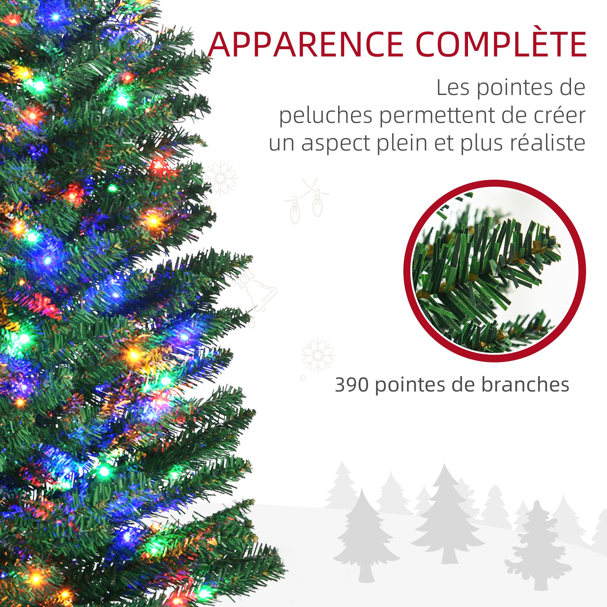 HOMCOM Sapin de Noël Artificiel Lumineux 180 cm en Forme de Crayon Vert | Arbre de Noël, 150 Lumières Multicolores, 390 Branches, Base en Acier