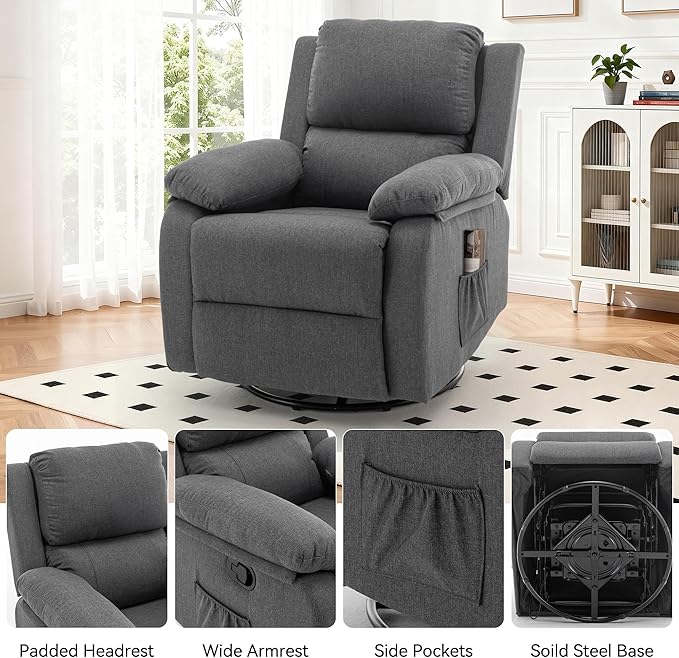Sillón Reclinable Giratorio 360° Tela Charcoal Gray miniatura 6
