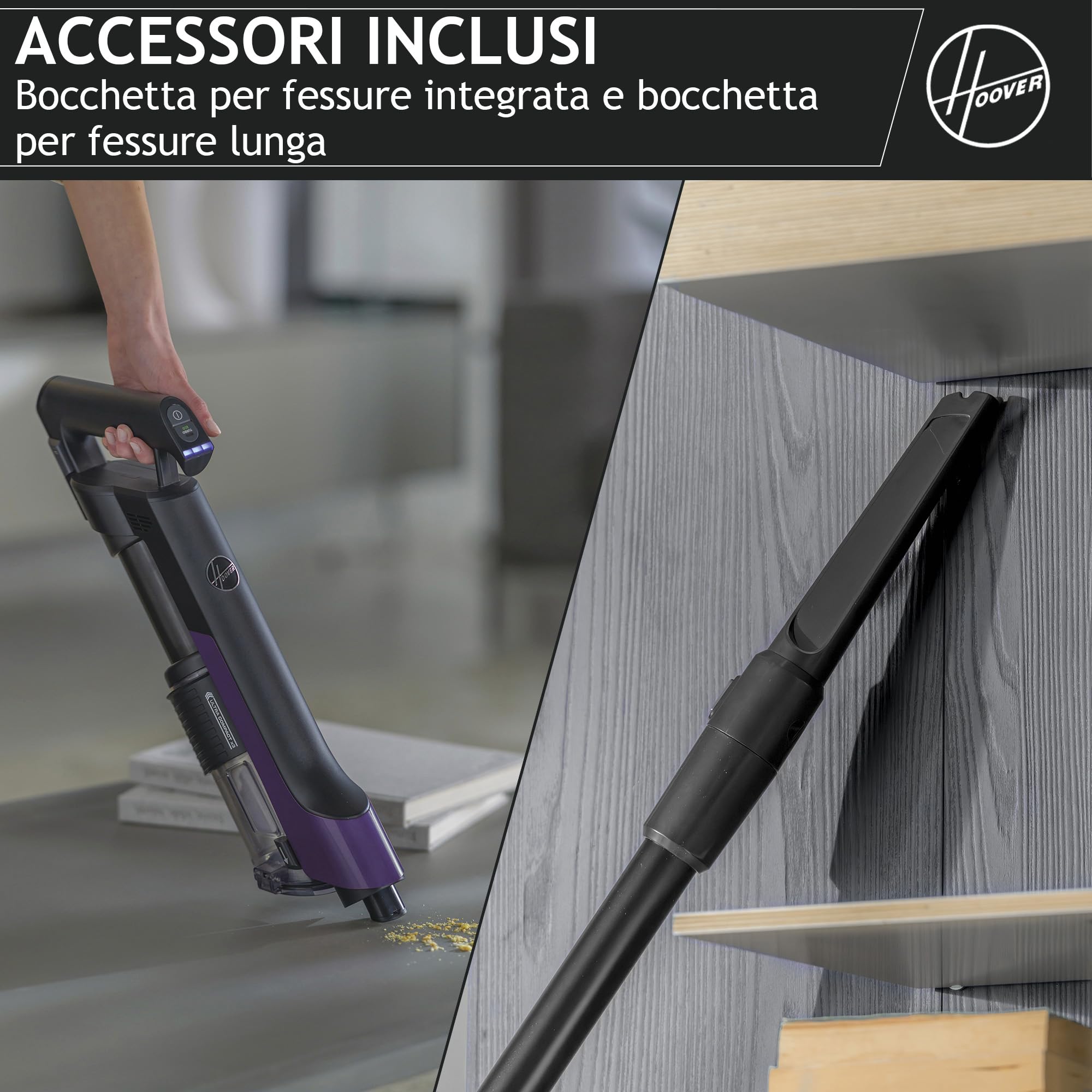 Hoover HF2 Aspirapolvere senza fili Ultraleggero, Tecnologia di compattazione polvere, Spazzola Multisuperficie Anti Groviglio, Luci LED, KIT accessori per una pulizia completa [HF2Z10H]