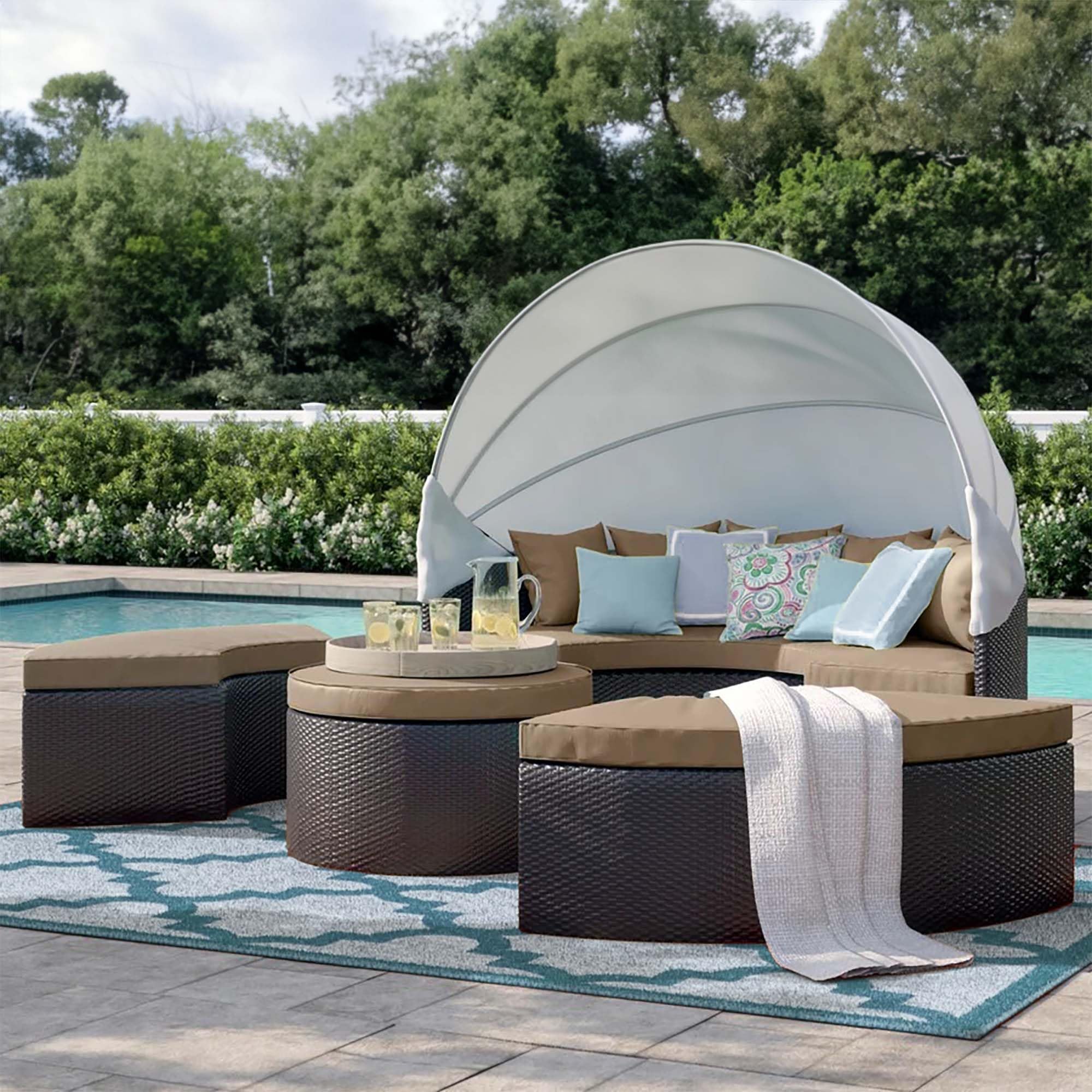 Modway Convene Wicker Rattan Outdoor Patio Retractable Canopy Round Poolside Sectional Sofa Daybed with Cushions in Espresso Mocha