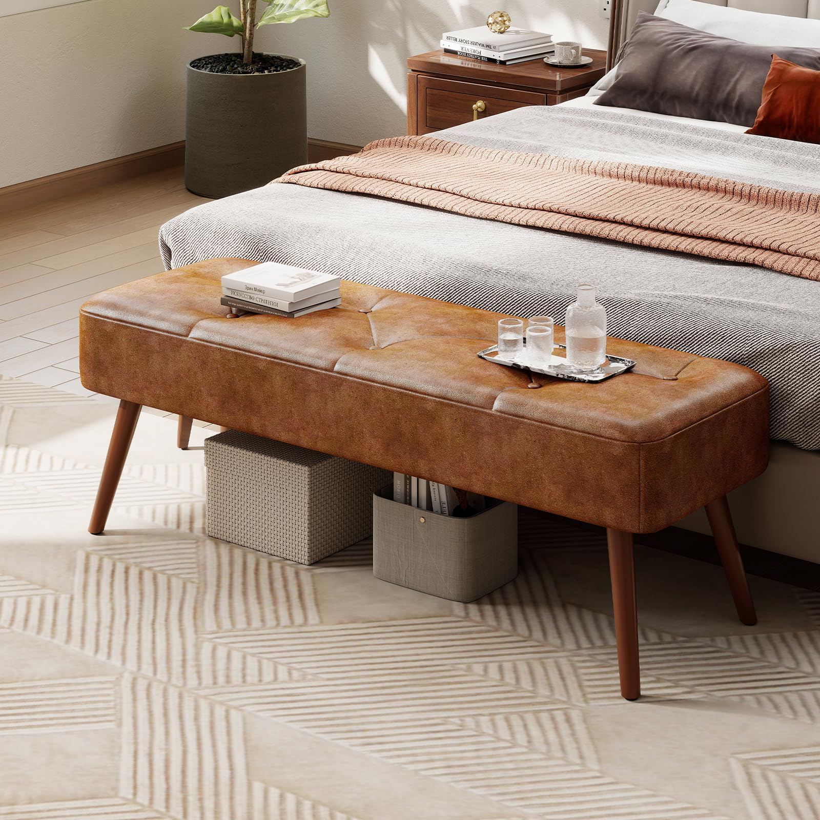 Sitzbank Flur Schlafzimmerbank 113.5cm, Esszimmerbank, Bettbank Flurbank, Fußbank, Polsterbank, Schminkbank Schuhbank mit Holzbeinen aus Pu für Schlafzimmer Wohnzimmer Flur