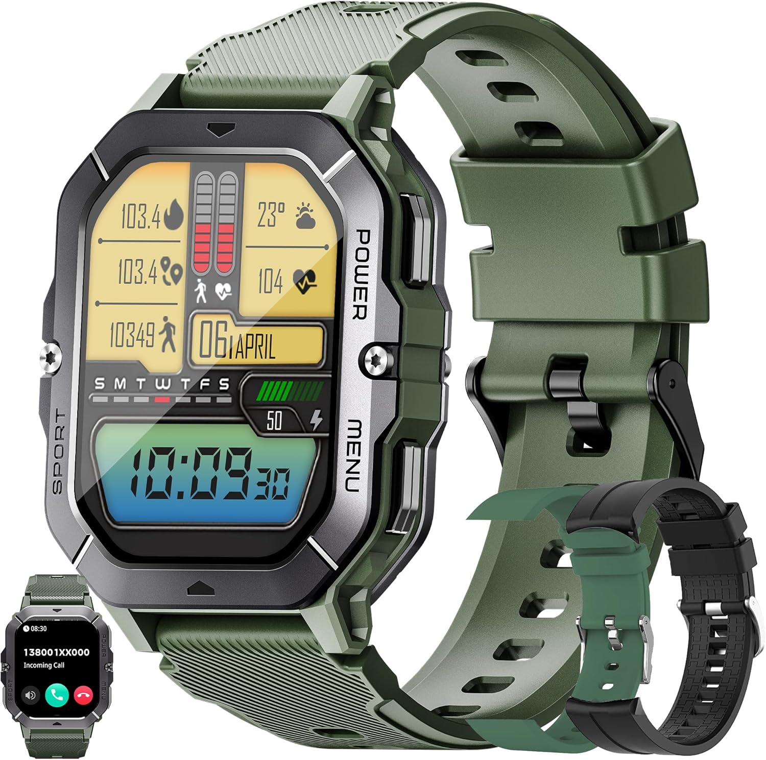 Military Smart Watch for Men(Answer/Make Calls), 2.02”AMOLED 5ATM Waterproof Smartwatch with Heart Rate/SpO2/Blood Pressure, 100+ Sports, Fitness Watch for Android iPhone, with 3 Watch Bands (Black)