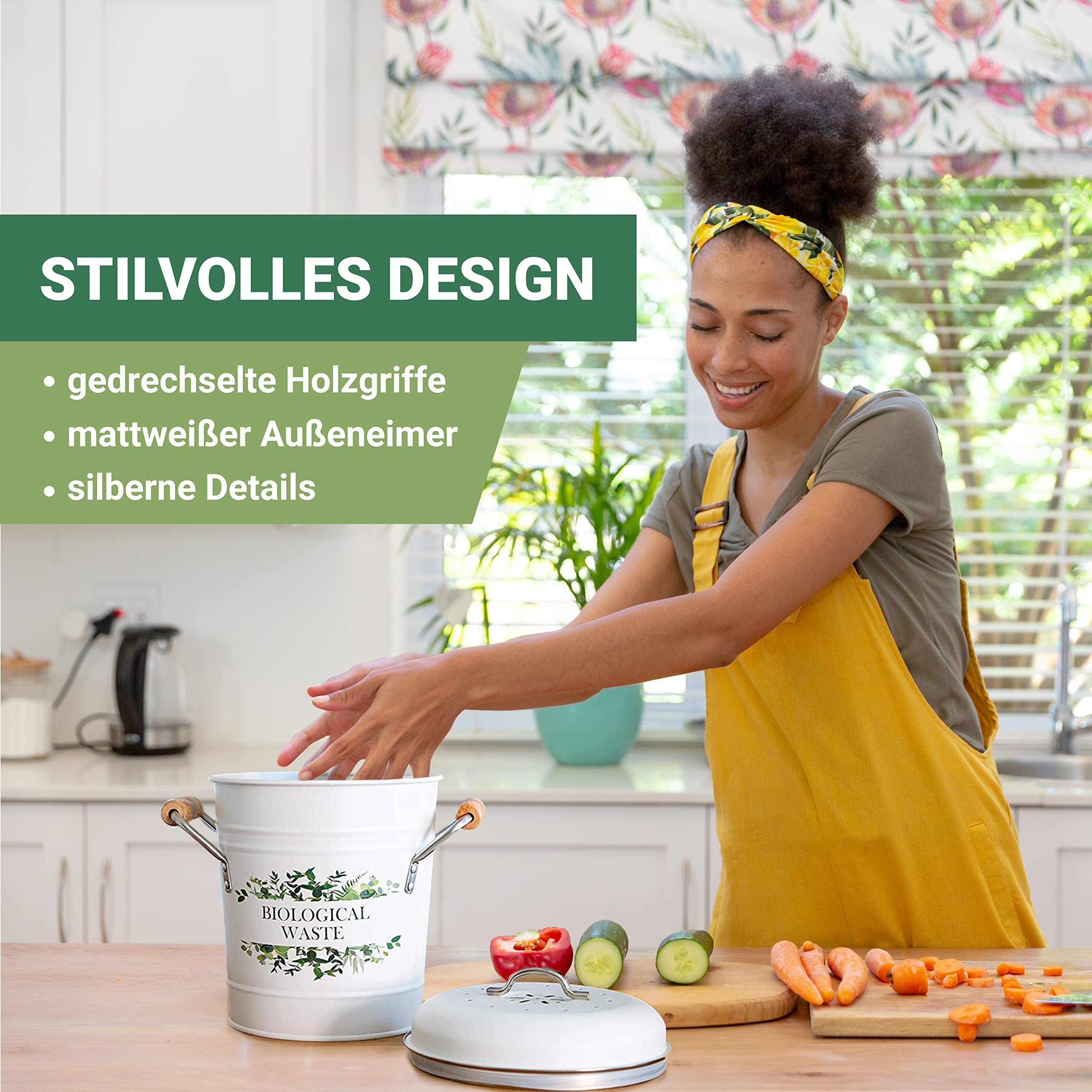 Tante SOE - Biomülleimer für die Küche mit Aktivkohlefilter (3 Liter, klein) Bio Mülleimer mit Deckel zur Geruchsneutralisierung - Metall Behälter/Eimer für Biomüll - Abfalleimer/Komposteimer in Weiß