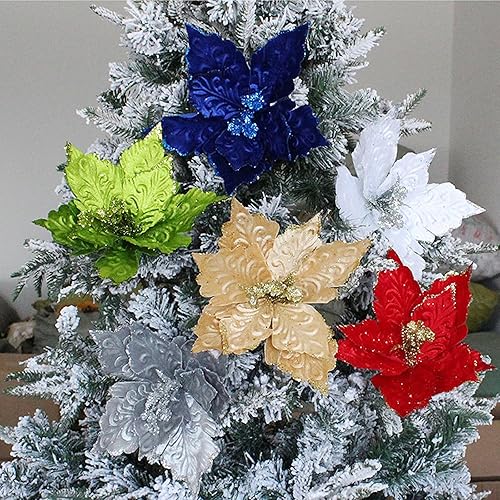Miniatura 4 de 6 adornos para árbol de Navidad de Pascua con purpurina, flores artificiales de Navidad, accesorios florales con tallo, flores de franela sintética