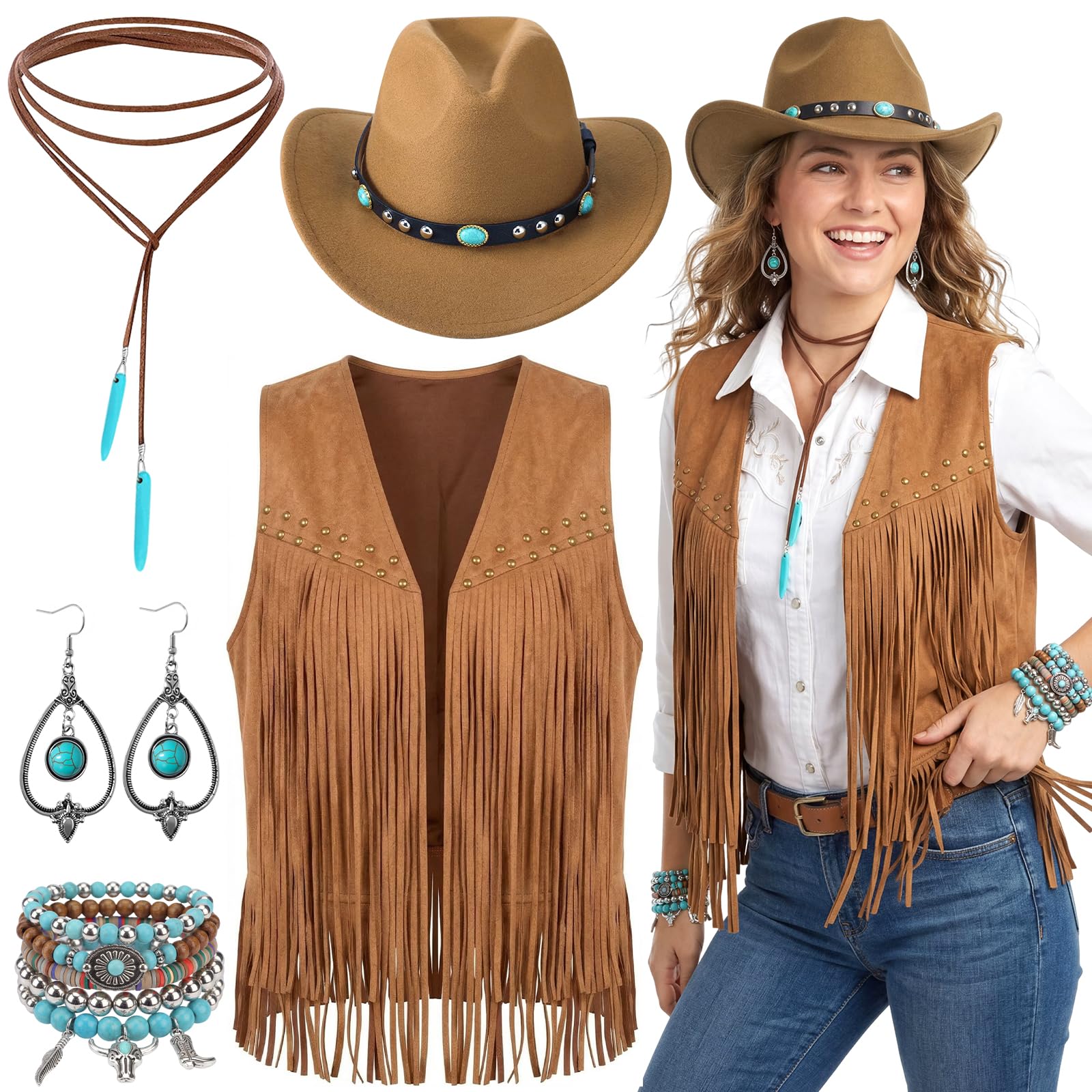 Lrrtdepy 5Pcs Western Cowgirl Costume Set, Women’s Cowboy Outfits Set with Tassel Vest Cowgirl Hat Turquoise Necklace Earrings Bracelets 70s Hippie Fancy Dress for Adult Carnival Cosplay(XL)