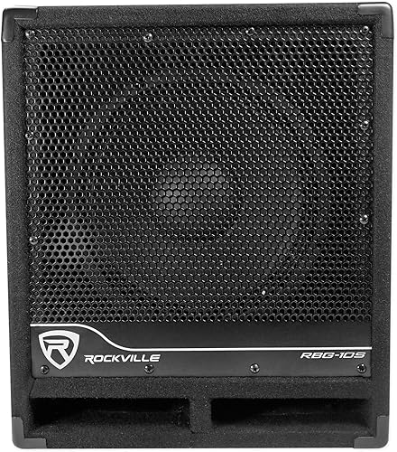 Rockville RBG10S - Subwoofer PA con alimentación, compacto, de 10 pulgadas, 1200W, graves profundos, crossover variable, limitador incorporado,