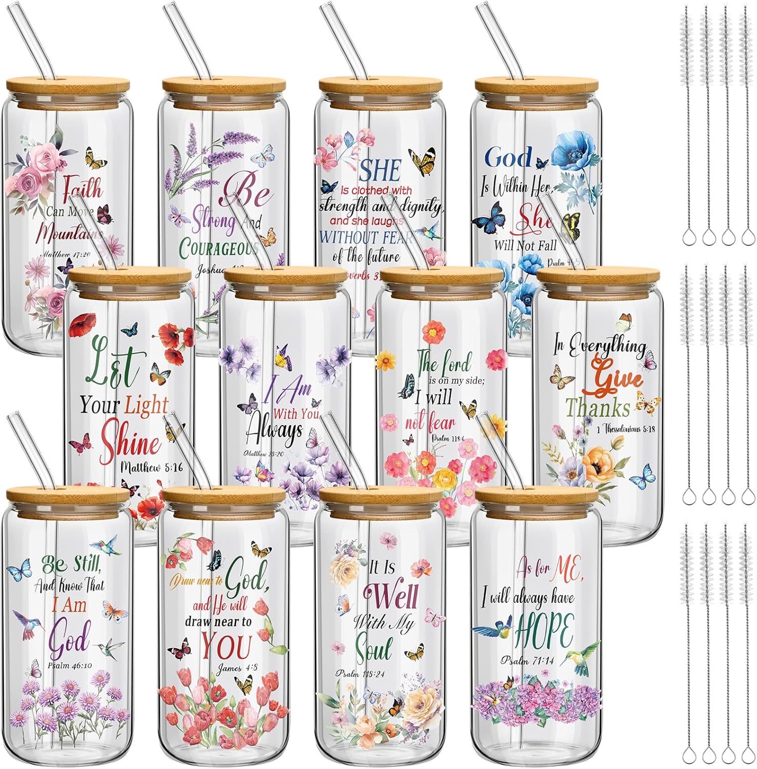 12 Set of Christian Gifts for Women Bible Verse Glasses with Bamboo Lid and Glass Straw 16oz Inspirational Religious Coffee Cup for Birthday Mother's Day Faith Lovers