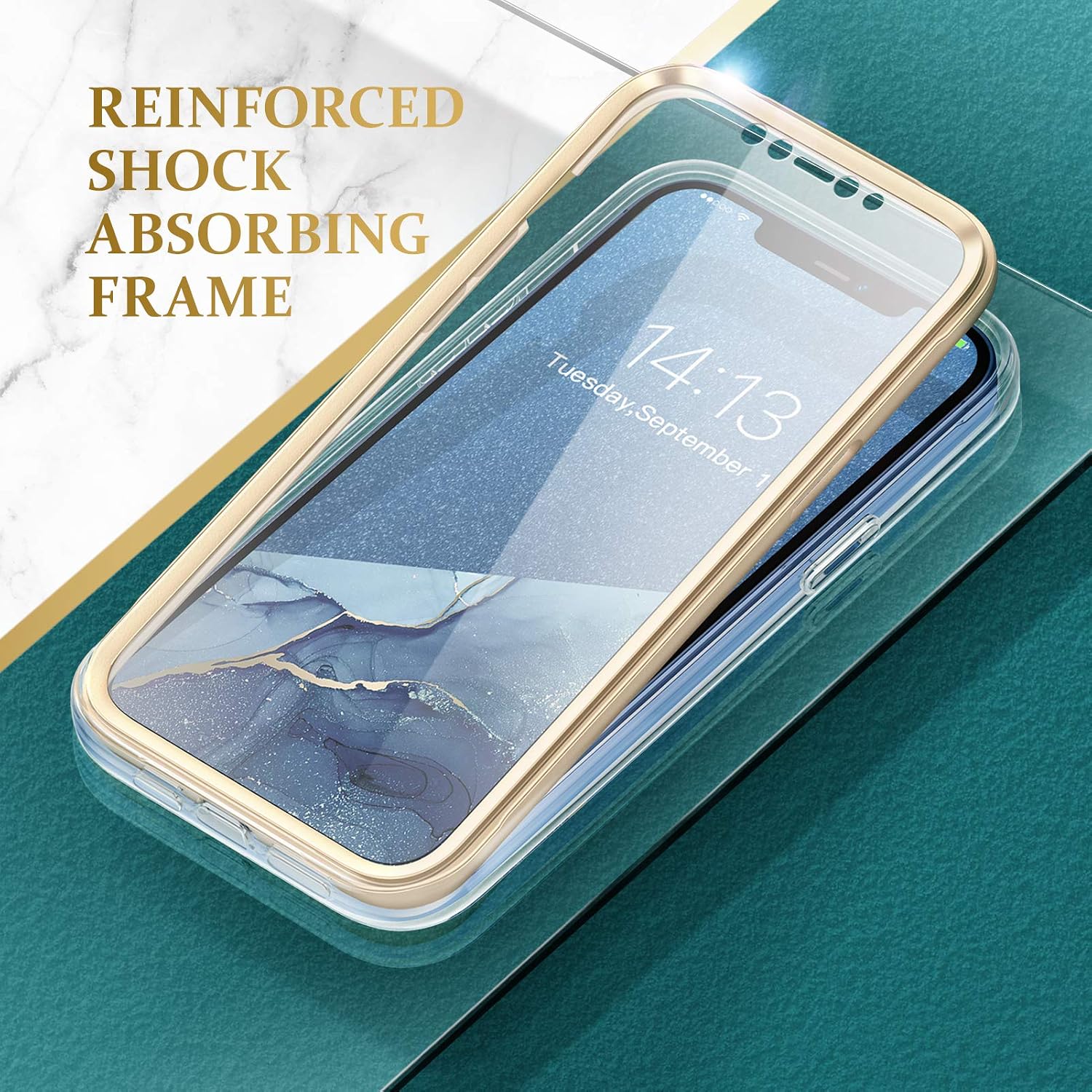 GVIEWIN Compatible with iPhone 12 Case or iPhone 12 Pro Case 6.1 Inch, [Built-in Screen Protector] [Full-Body Protection] Marble Stylish Cover Slim Shockproof Protective Phone Case (Stray Stars/Blue)