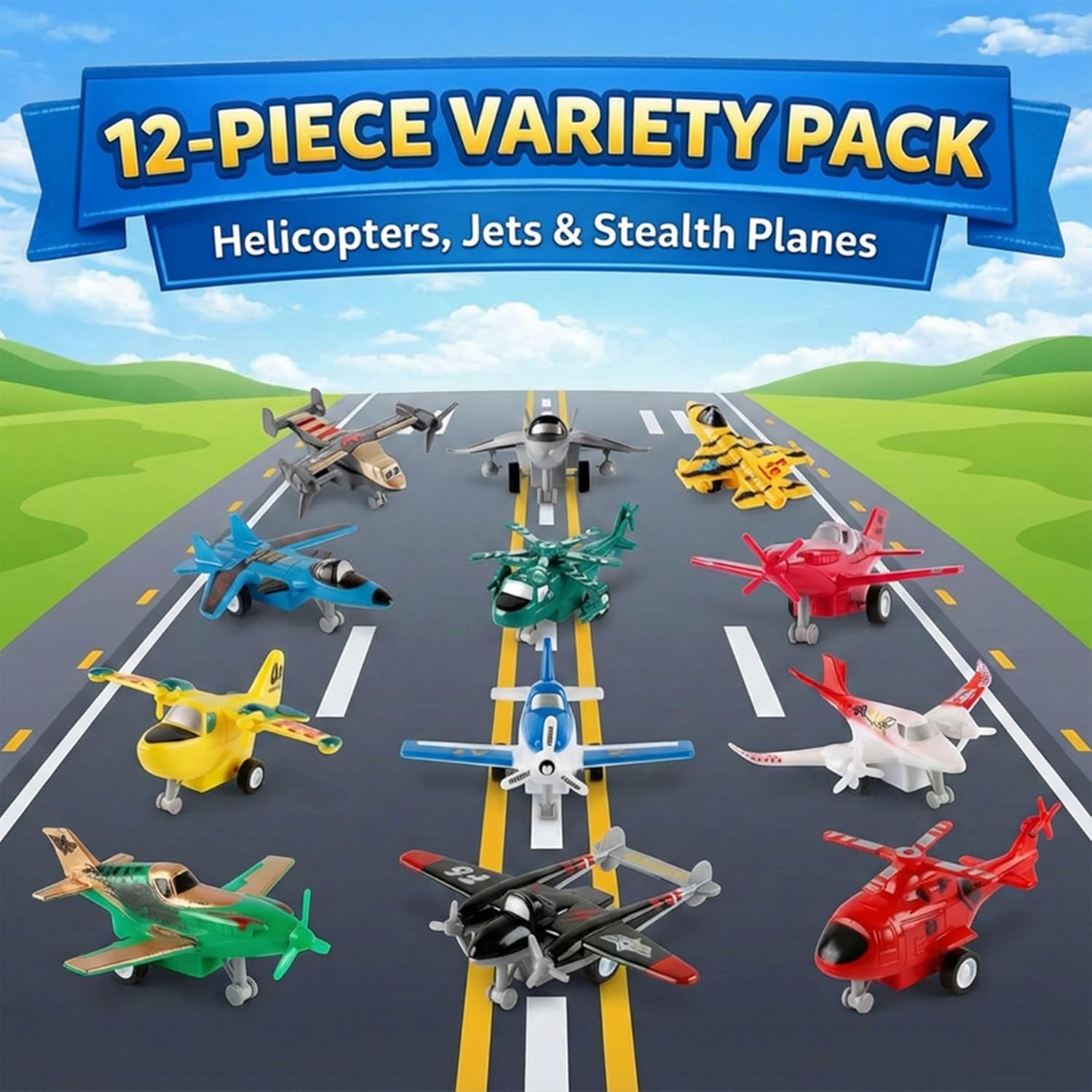 Liberty Imports Pull Back Airplanes Toys Vehicle Playset, Variety Pack of Helicopters, Stealth Bombers, Fighter Jets, Aircraft, Planes for Kids Toddlers Party Favors (12 Pack)