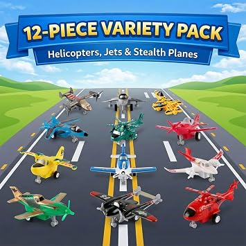 Liberty Imports Pull Back Airplanes Toys Vehicle Playset, Variety Pack of Helicopters, Stealth Bombers, Fighter Jets, Aircraft, Planes for Kids Toddlers Party Favors (12 Pack)