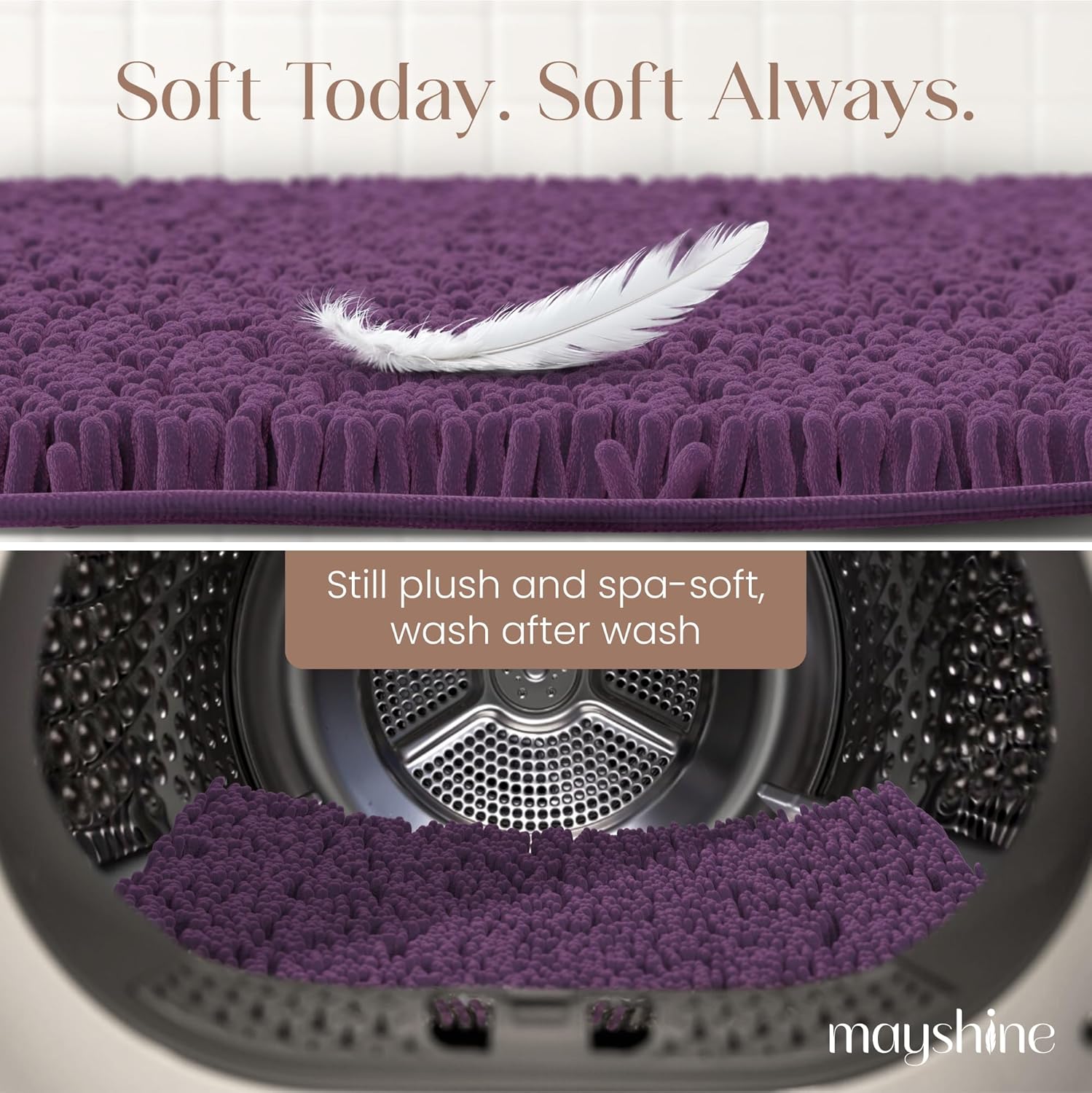 MAYSHINE Plush Shaggy Chenille Bath Mat | Extra Soft, Super Absorbent, Non-Slip Bathroom Rug | Fluffy Microfiber, Area Rug Sets for Bathroom Floor, Kitchen, Living Room | 32"x20" | Plum