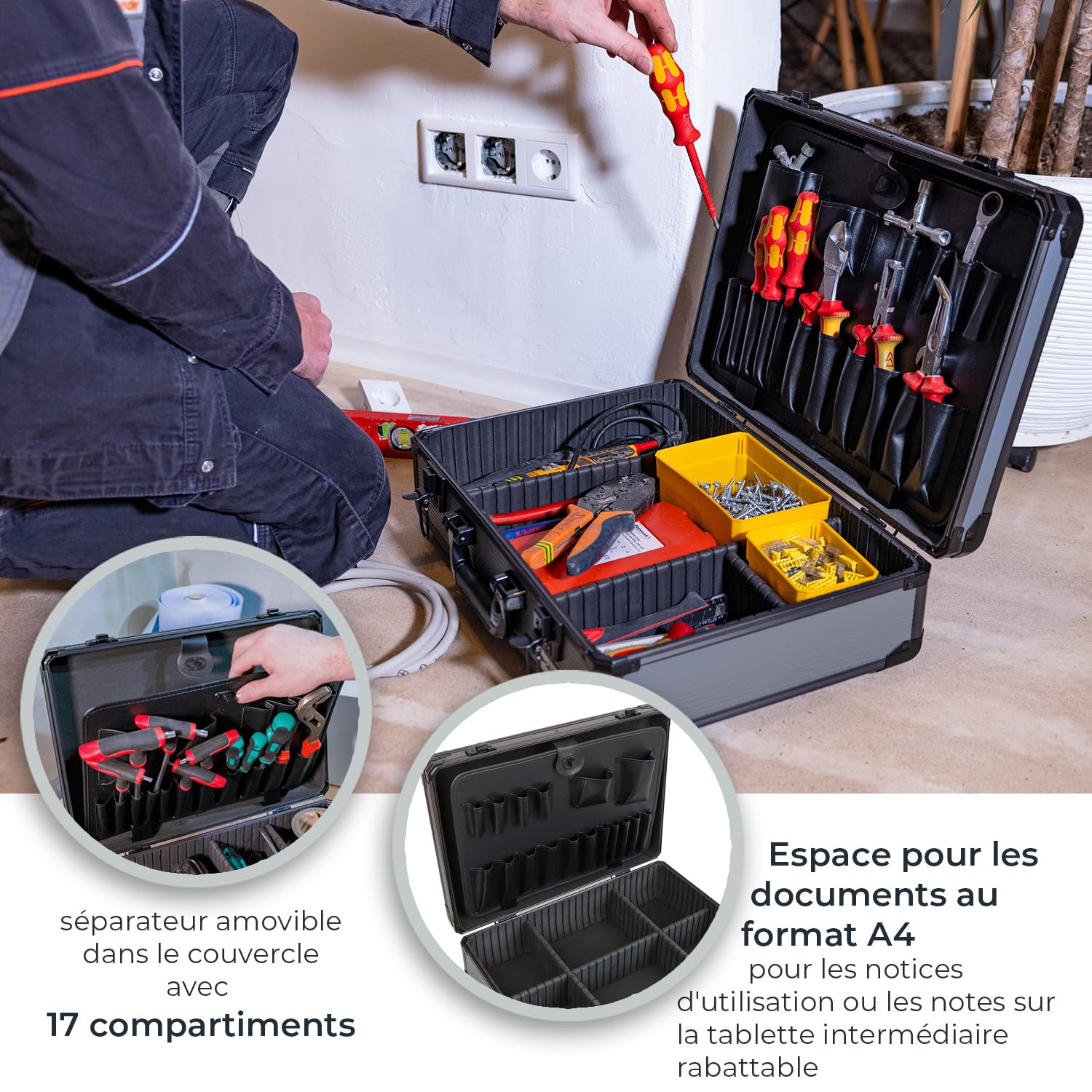 HMF Mallette à outils en aluminium vide avec 17 compartiments à insérer pour outils, grande caisse à outils avec compartimentage réglable | 46 x 33 x 15 cm | anthracite-noir