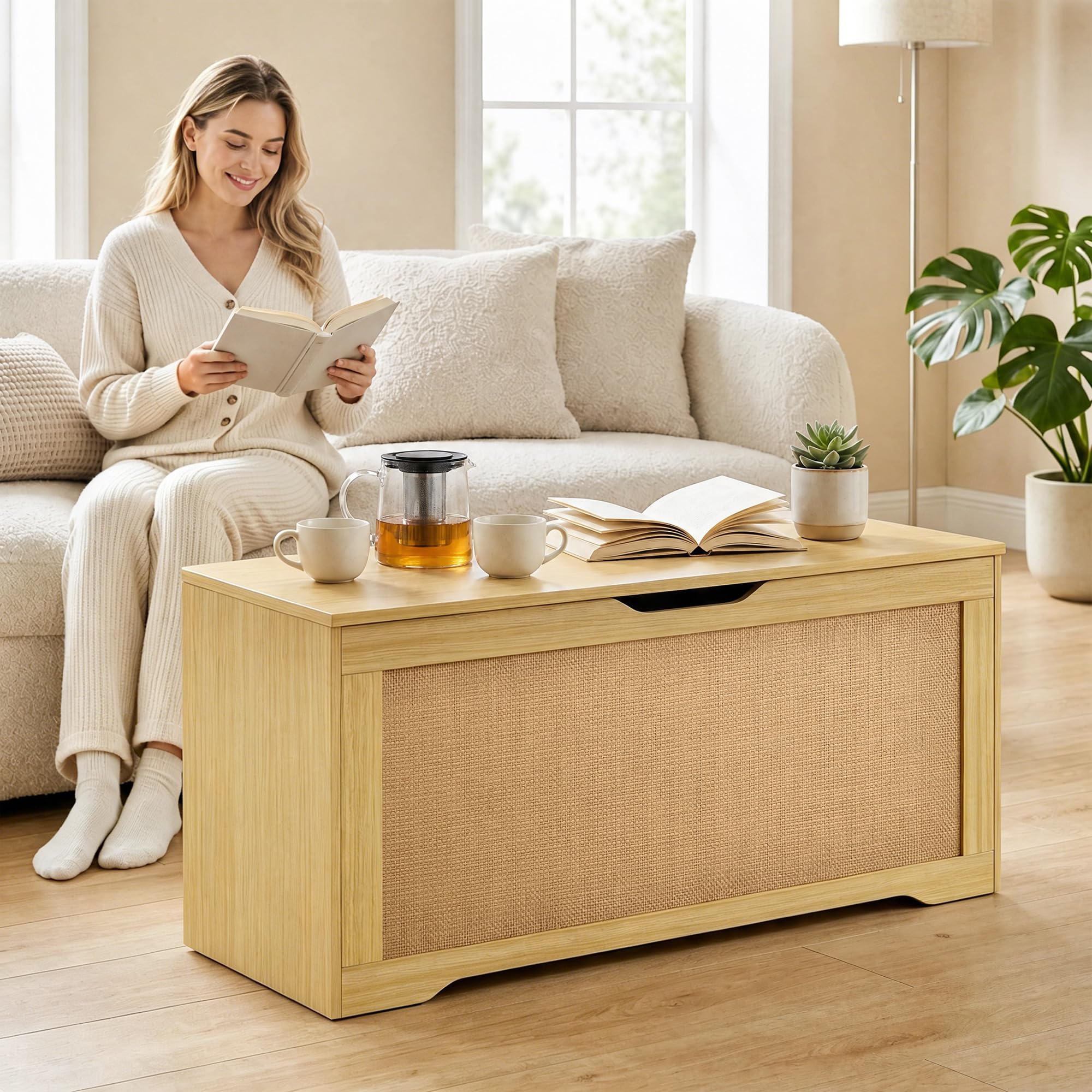 HOMCOM Coffre de Rangement en Rotin 136L Banc Coffre 100x40x45 cm Chêne