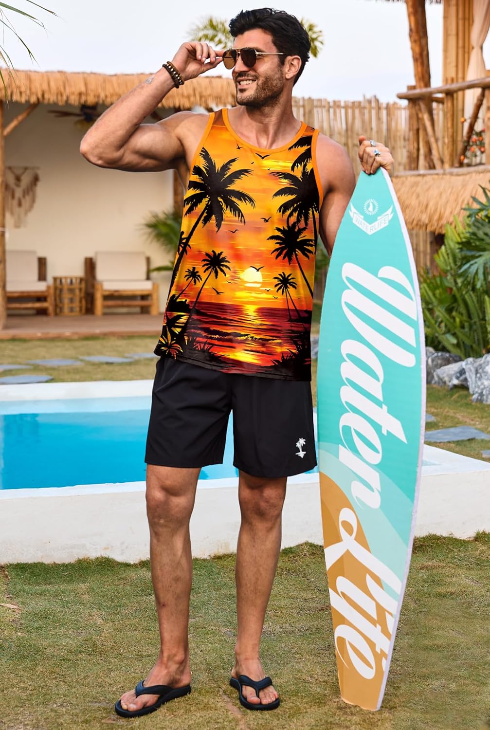Mens Graphic Tank and Shorts 2 Piece Set Beach Summer Casual Outfit (S-XXL)