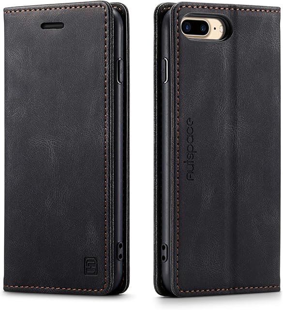 LOLFZ Wallet Case for iPhone 7 Plus iPhone 8 Plus iPhone 6 Plus iPhone 6S Plus, Magnetic Flip Leather Case with RFID Block Card Slots Kickstand Shockproof Protective Cover - Black