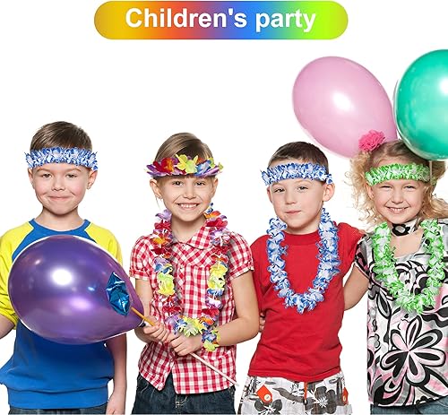 Miniatura 7 de HongyiTime 56 unidades de Leis hawaianos, suministros para fiestas Luau de collares, diademas y pulseras de flores elásticas, decoraciones hawaianas