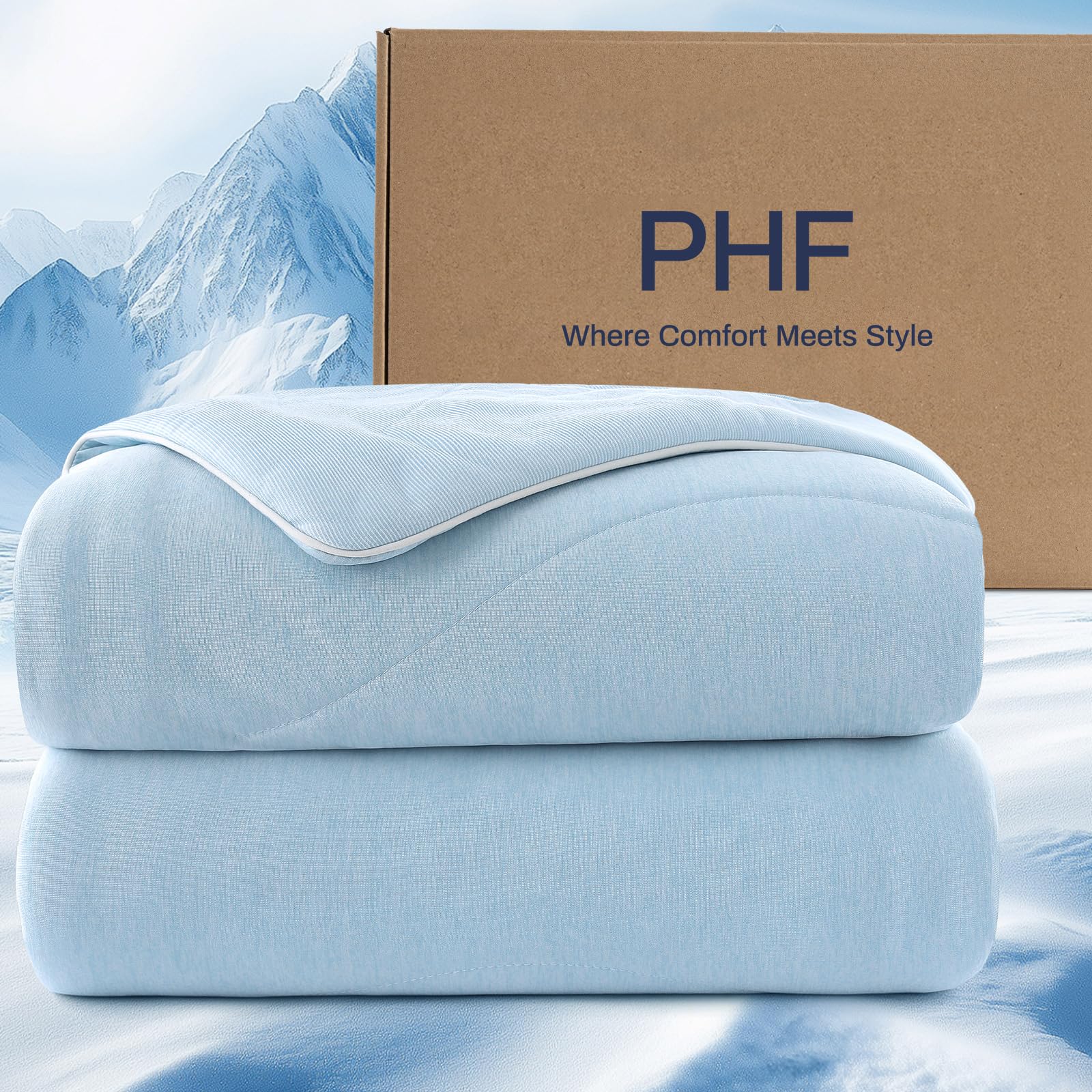 PHF Cooling Duvet for Hot Sleepers Double Size, Summer Blanket with Advanced Arc-Chill Cooling Fibres (Q-Max>0.4),150x200cm Double-Sided Quilted Cooling Blanket for Night Sweats & Pets, Sky Blue