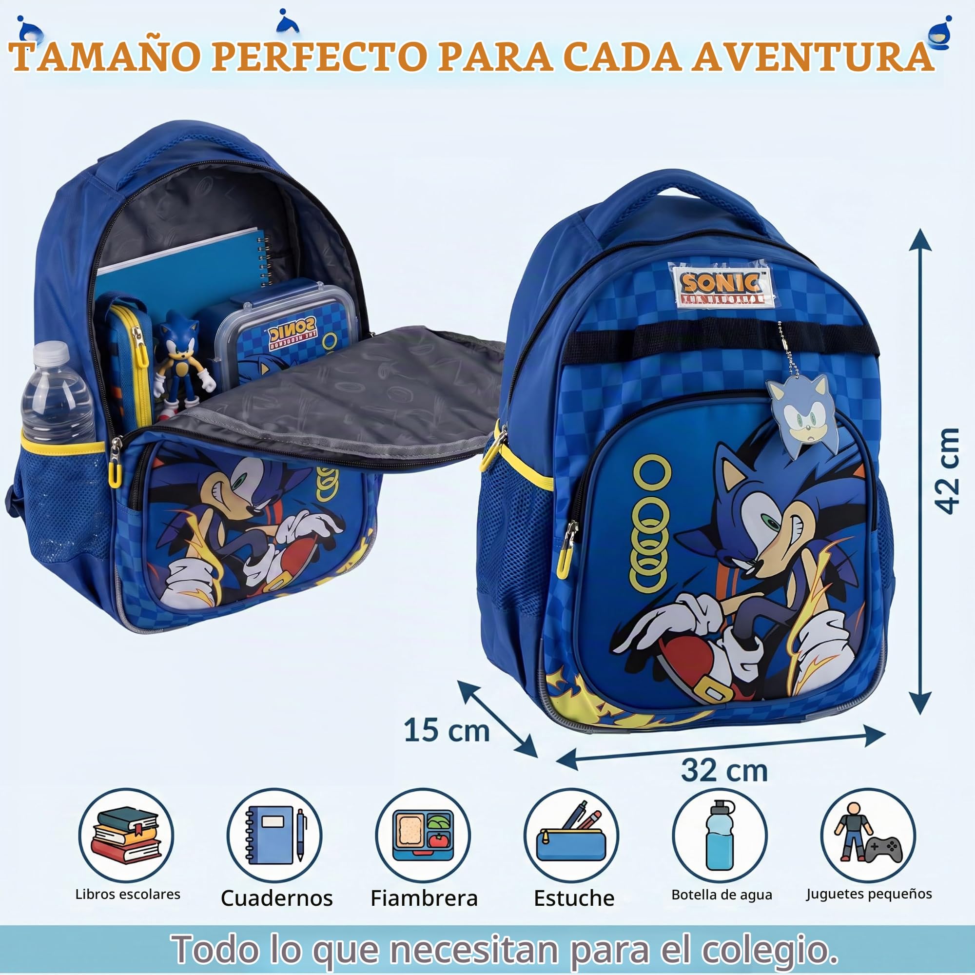 Sonic the Hedgehog - Mochila escolar para niños, 2 compartimentos, ligera, bolsa para libros grande con bolsillo frontal y bolsillo lateral de malla para botellas, mochila de viaje para niños, mochila