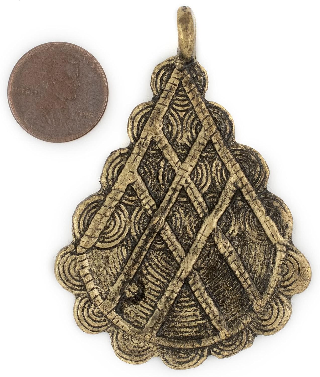 The Bead Chest Antiqued Brass Baule Pyramid Pendant 67x48mm Ivory Coast African Large Hole Handmade