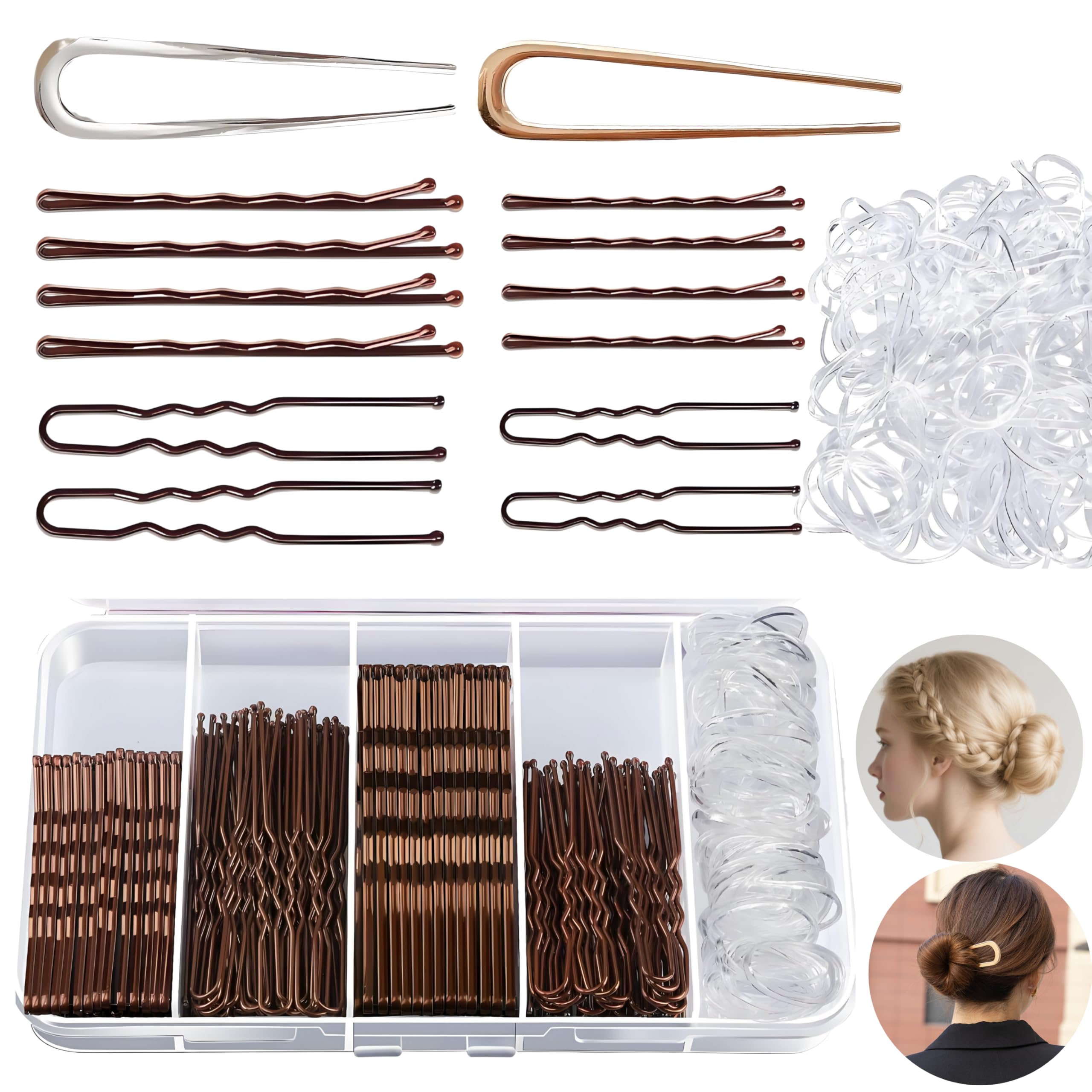 302pcs Bobby Pins Set, 100 Brown Bobby Hair Grips 100 U ShapedPins 100 HairBands with 2 Metal French Hair Pins