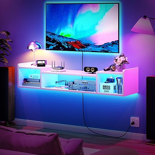 Miniatura 2 de Soporte de TV flotante de 55 pulgadas de ancho con luces LED y tomas de corriente, centro de entretenimiento montado en la pared para estante de TV