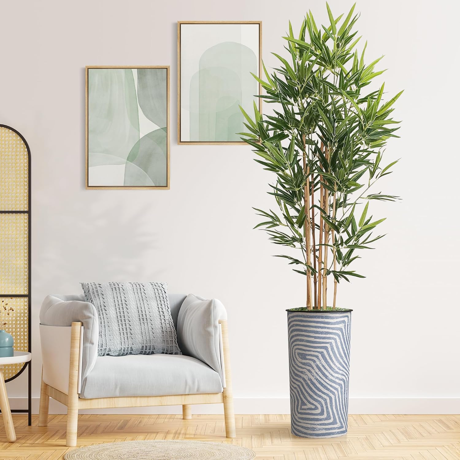 Artificial Tree in Contemporary Geometric Pattern Planter, Fake Bamboo Silk TRE for Indoor and Outdoor Home Decoration - 70" Overall Tall (Plant Pot Plus Tree)