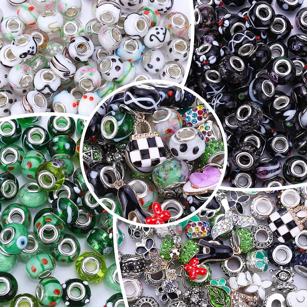 Plated Silver Cores European Lampwork Spacer Beads Murano Glass Rhinestone Craft Beads Metal Pendant Bracelet Charms for Jewelry Making (3 Color, Black+White+Emerald)