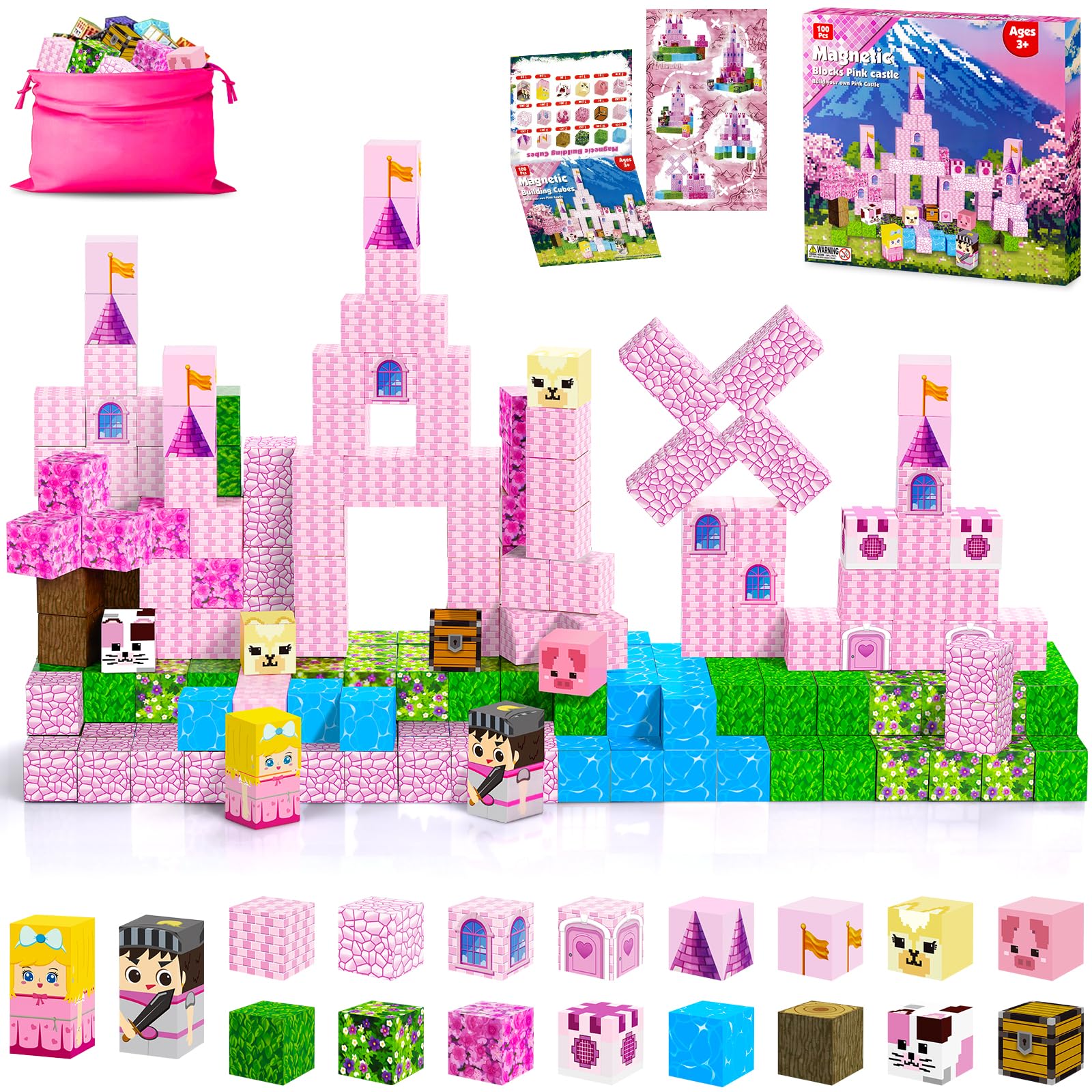 Bloques Magneticos Construcción Niños 100 Piezas Bloques Magneticos Castillo Rosa Juego Magnetic Blocks Juguetes Sensorial Stem Montessori Regalos para 3+ Años