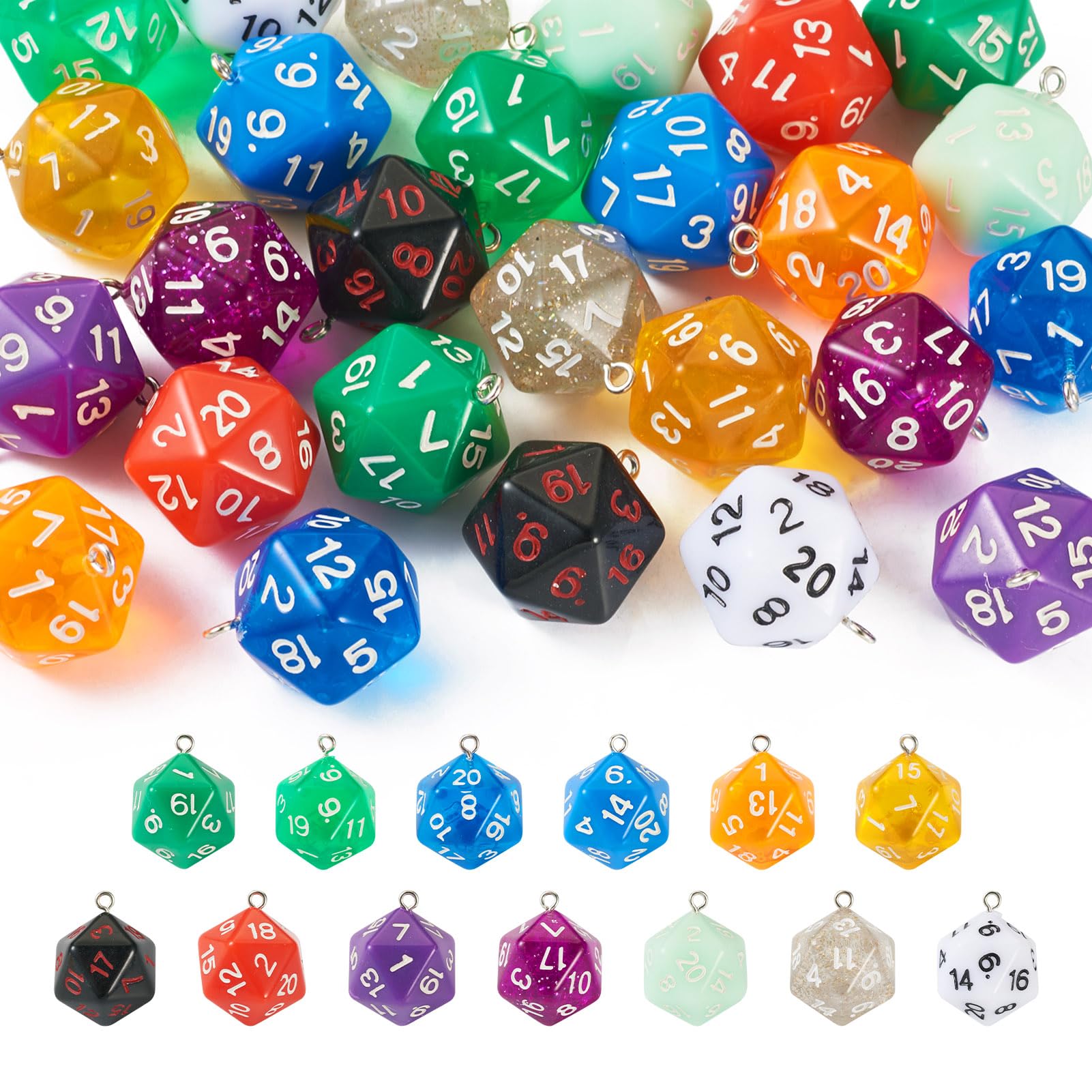 Spritewelry 20pcs 3D 20-Sided Dice Charms Resin Polyhedral Dice Pendants Colorful Faceted Game Dangle Charms for DIY Bracelet Necklace Earrings Keychains Phonecase Making