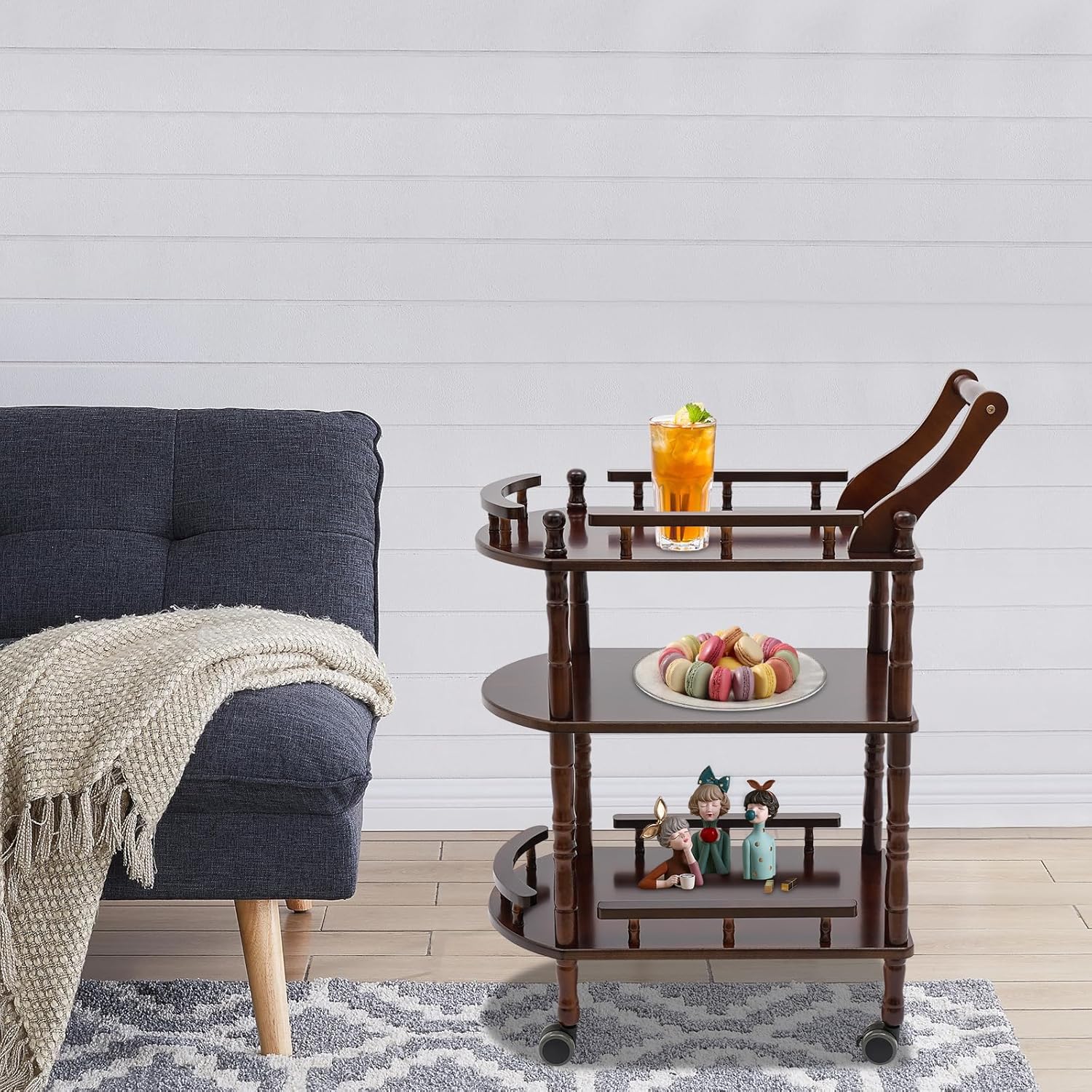 3 Tier Rolling Bar Cart, Home Bar Serving Cart, Brown Wood Mobile Bar Cart Serving Cart with Practical Handle, Multifunctional Utility Cart, for Hotels, Living Rooms, Offices, Kitchens