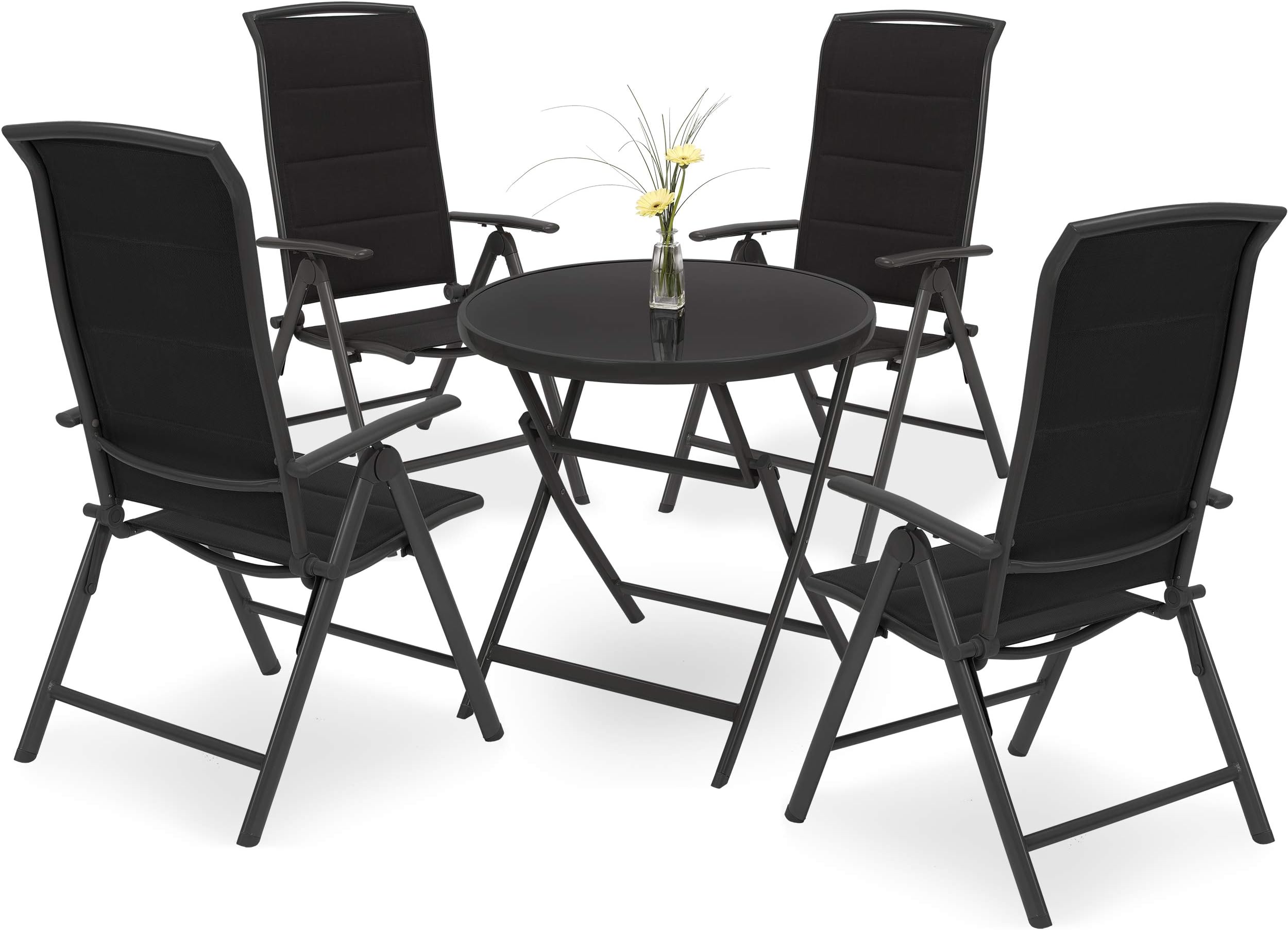 BRUBAKER 5 Pieces Garden Furniture Set - 1 Glass Topped Folding Table 27.5 Inches + 4 High-Back Dining Chairs - 8-Way Adjustable Backrest - Padded - Aluminium - Weatherproof - Anthracite