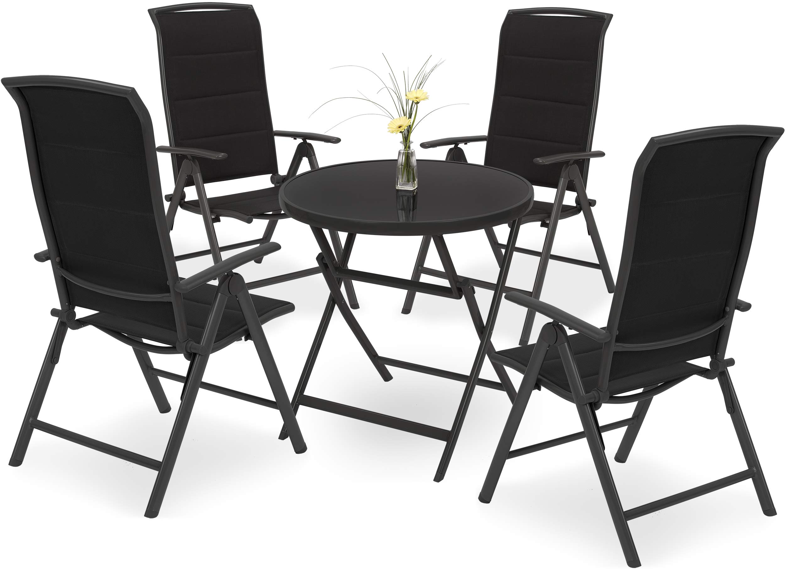 Brubaker Milano Set Giardino Pieghevole: Tavolo Rotondo In Vetro 70cm + 4 Sedie In Alluminio Antracite - Perfetto Per Terrazza E Campeggio