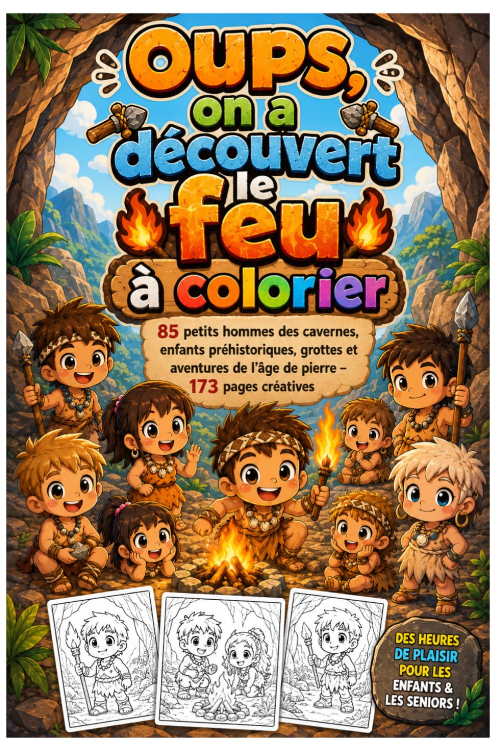 Oups, on a découvert le feu à colorier: 85 petits hommes des cavernes, enfants préhistoriques, grottes et aventures de l’âge de pierre – 173 pages créatives