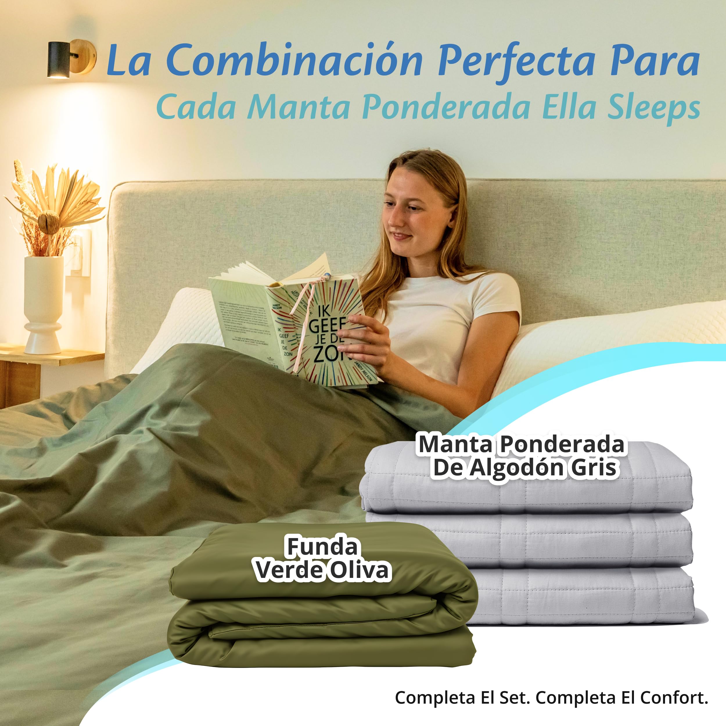 Ella - Funda nórdica de 150 x 200 cm, para manta de peso para adultos, 100% algodón, ideal para mantas ponderadas de 7 kg y 9 kg, color verde oliva